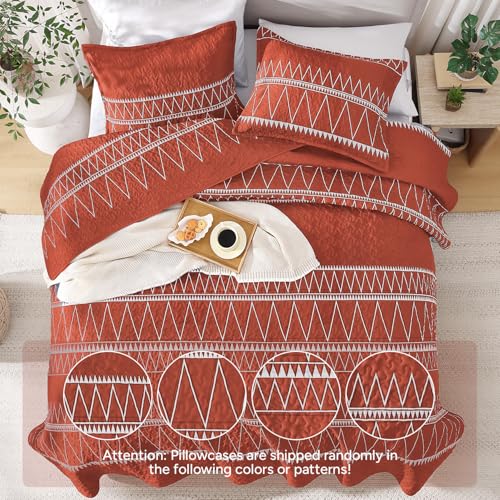 Image of Burnt Orange Quilts Queen Size, 3 Pcs Boho Striped Bedspread | Soft Lightweight Burnt Orange Printed Bohemian Polyester Reversible Coverlet Comforter Sets for All Season (90 inchx96 inch)