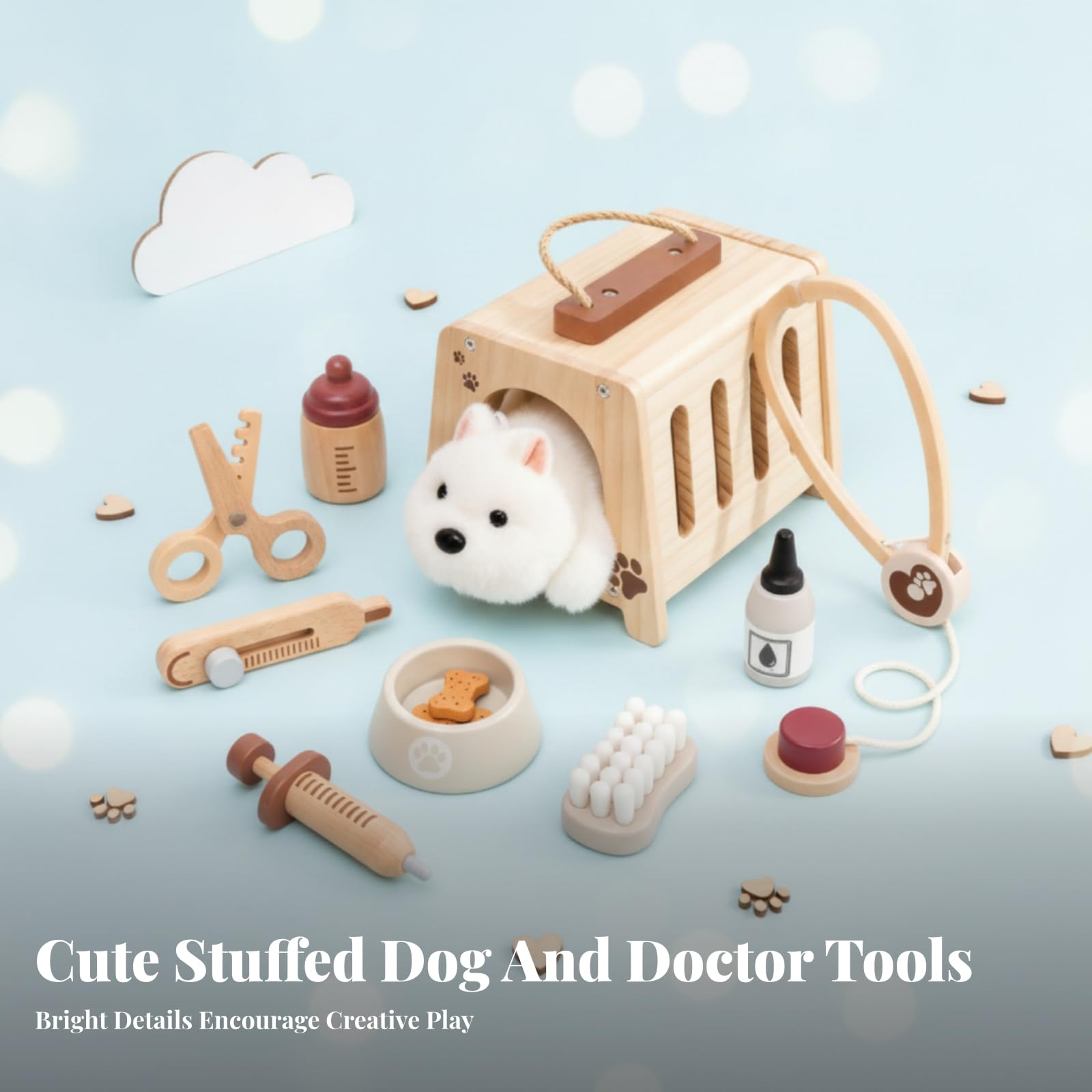 Giocattolo Veterinario Bambini Set Medico Animali Set Animali Trasportino Peluche in Legno E Peluche con Accessori Finti per Controlli E Trattamenti