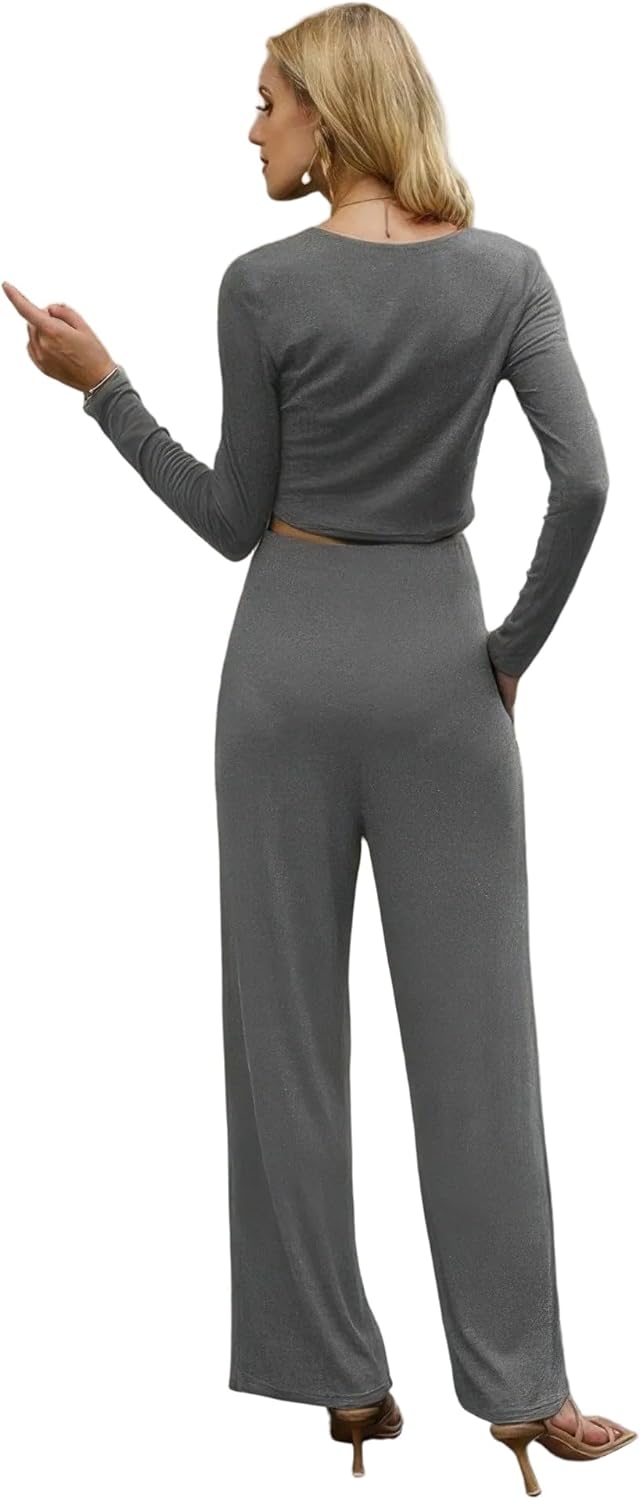 Women's Two-Piece Set, Long Sleeve Crop Top and Wide Leg Pants with Pockets, Gray