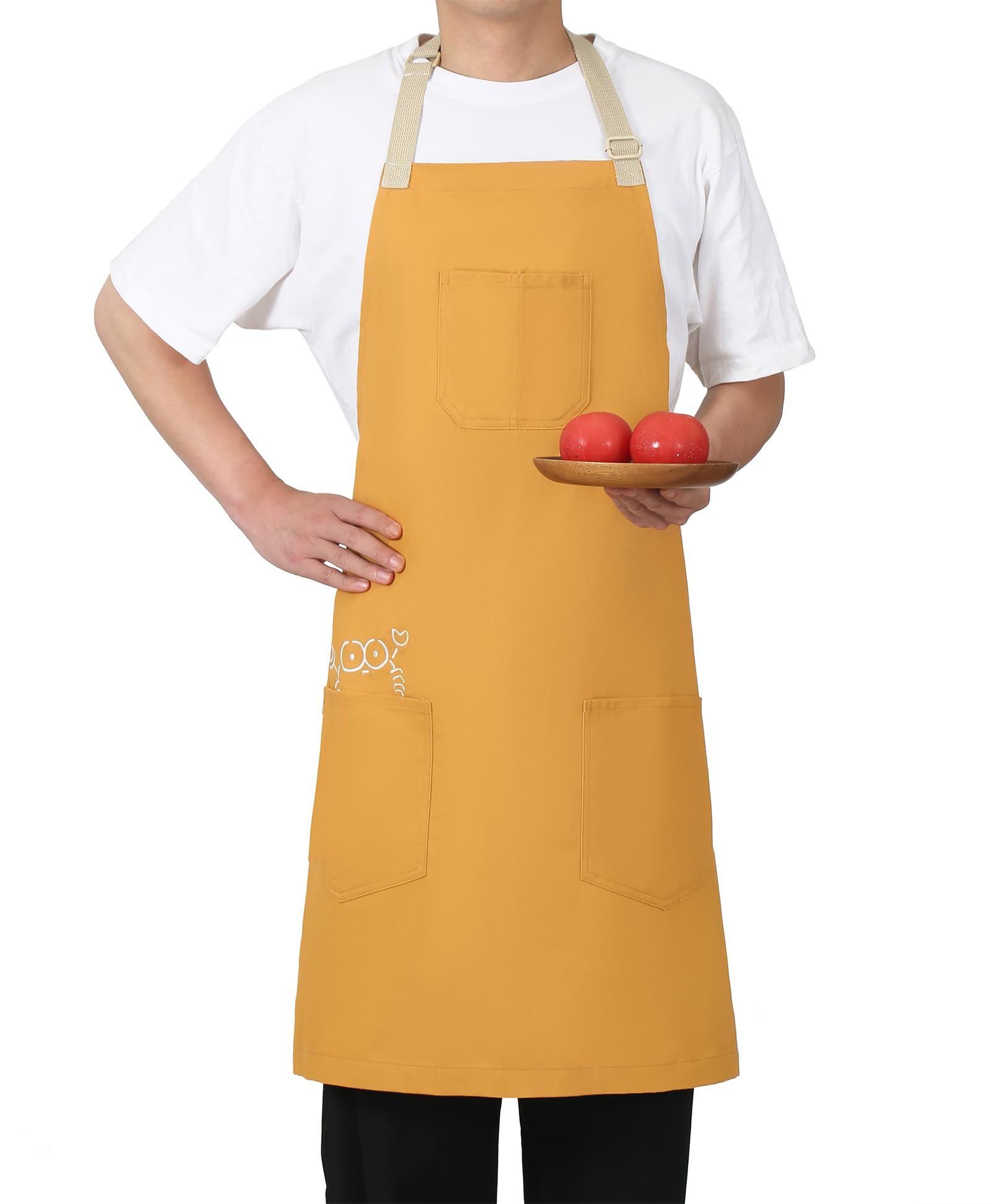Pincy Soft Cotton Apron - Unisex Adjustable Bib Apron, Art Apron with Embroidered, Great for Florist and Kitchen (Yellow)