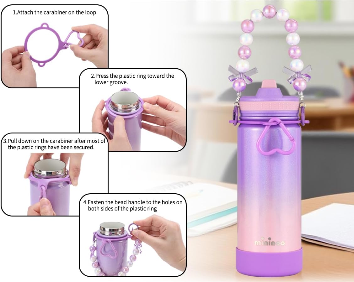 Mininoo Kids Water Bottle for School - 16 oz Stainless Steel Insulated Water Bottle with Ceramic-Lined, Leakproof Straw Lid & Beaded Handle for Girls & Boys - Image 7
