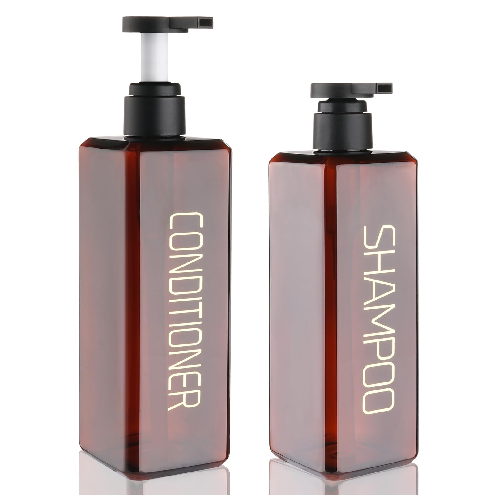 Hokretme Shampoo and Conditioner Dispenser 2 Pack 550ml Shower Soap Bottles Refillable Shampoo Pump Bottle Dispenser Plastic Empty Body Wash Dispensers with Permanent Labels for Bathroom (Brown)