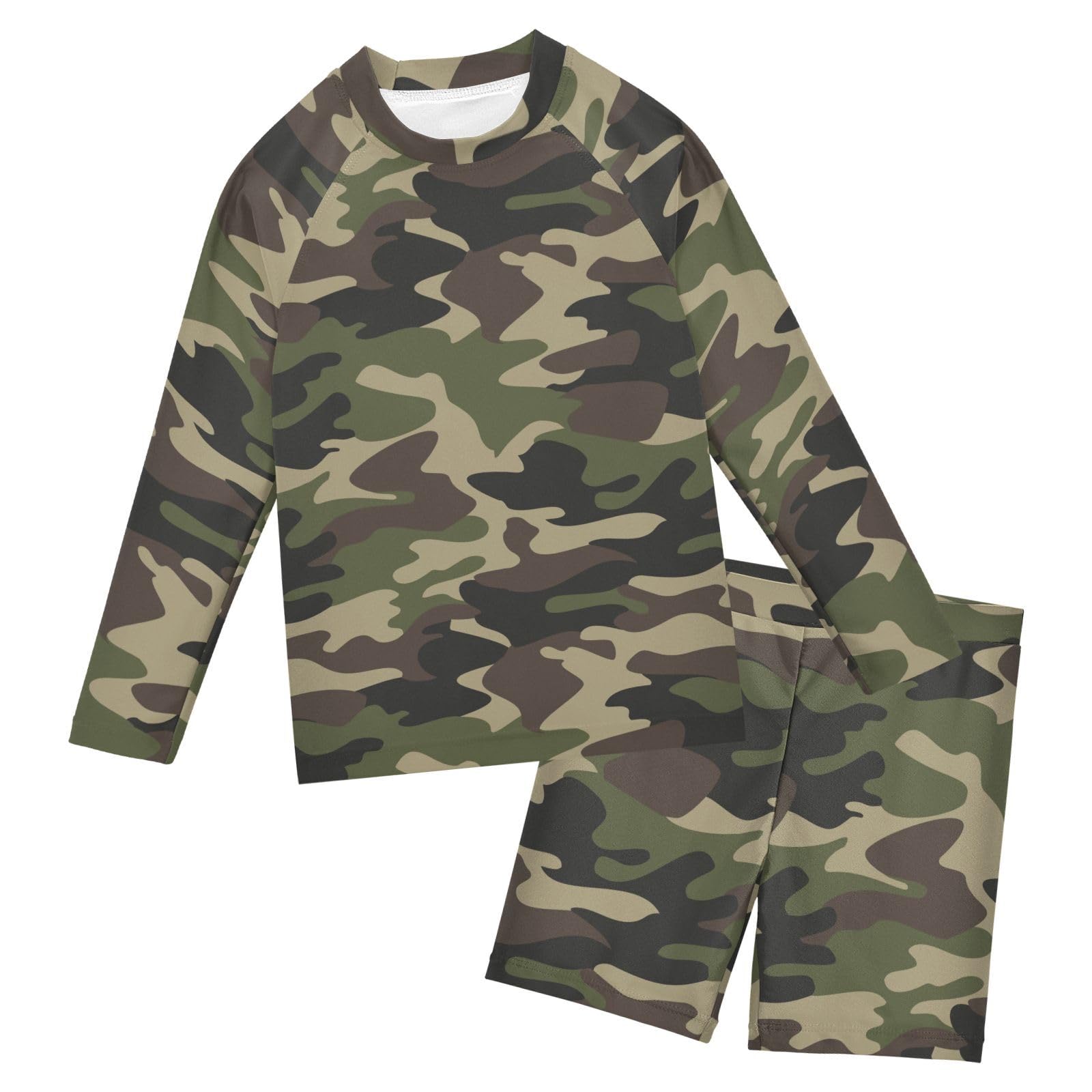 Aflyko Kids' Bathing Suit Set Khaki Camo Green Long Sleeve Swim Tops with Shorts Summer Vacation Pool Party Rashguard Fun Cute Infant Beachwear, 4T