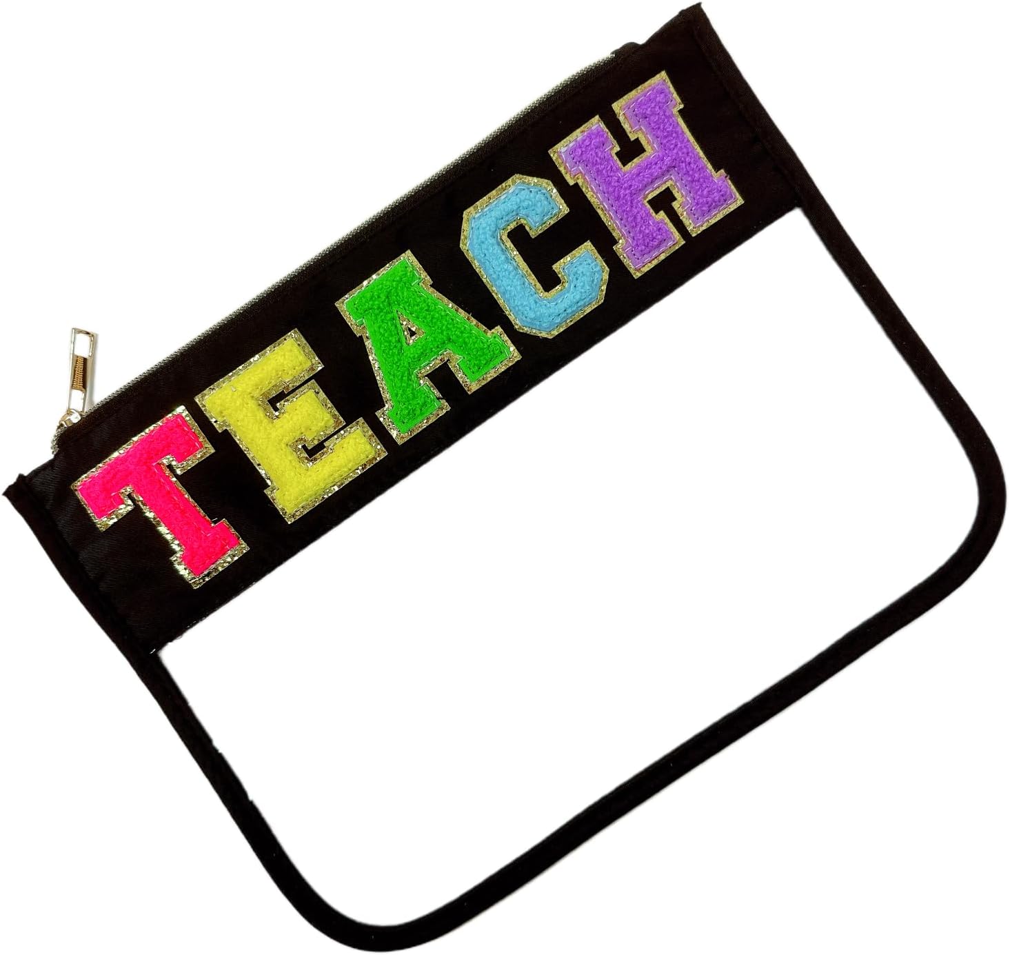 Teacher Appreciation Gifts Clear Makeup Letter Bag Pencil Bag Chenille Letter Patches Makeup Zipper Pouch Graduation Retirement Birthday Teacher Gifts for Women(Teach-black) - Image 4