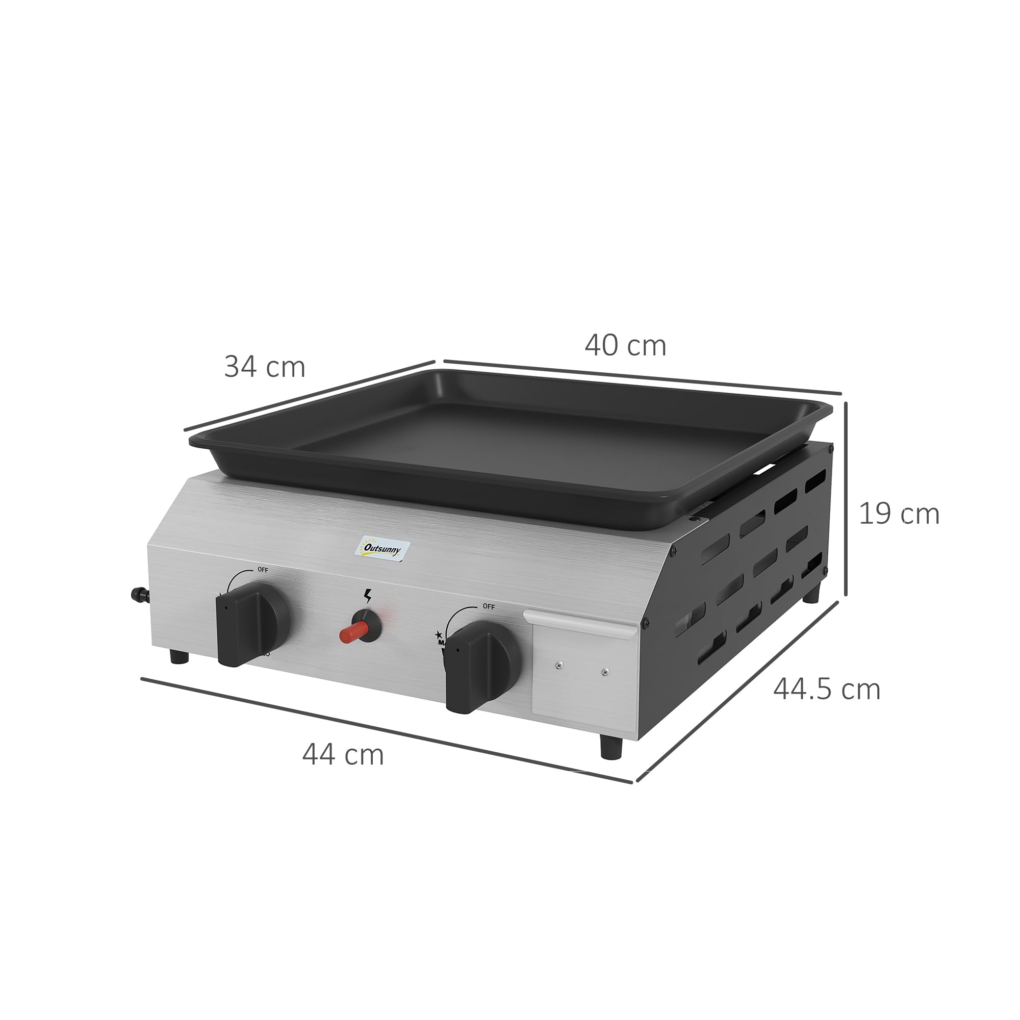 Outsunny Barbecue a Gas in Acciaio, Piastra a Gas Smaltato a 2 Bruciatori da 2.4kW, Griglia Barbecue Portatile con Piedini Regolabili e Vassoio Raccogli Grasso, Regolatore, Tubo, Argento