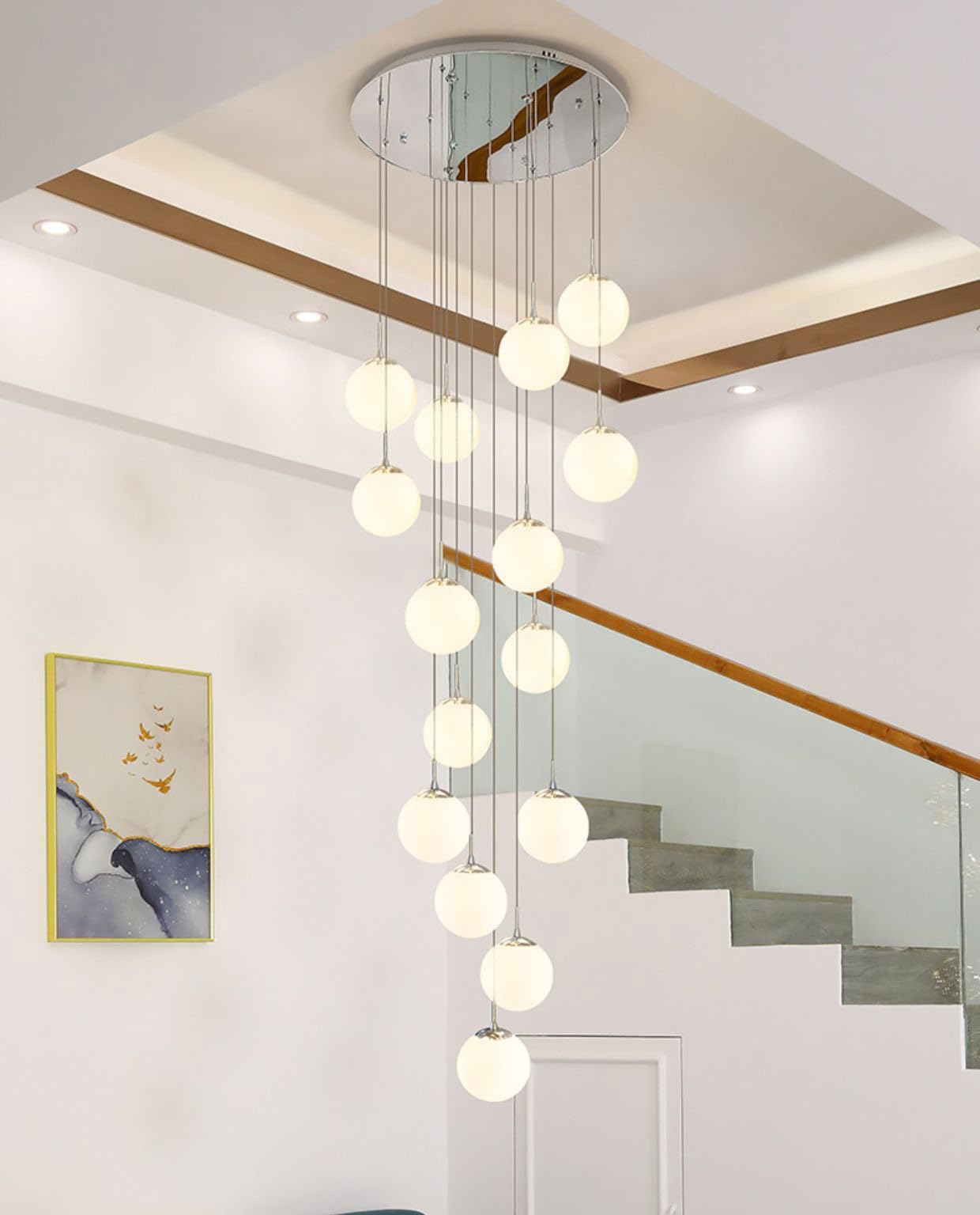 Lampadario a 15 Sfere per Scale per soffitti Alti, Lampada a Sospensione Lunga Dorata, lampadario a Bolle in Vetro Smerigliato, lampadario Cromato in Stile Moderno di metà secolo,