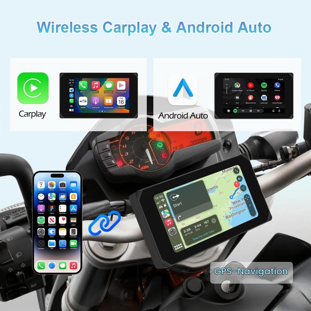 VSYSTO Motorrad DashCam, Wireless CarPlay & AndroidAuto Portable Car Stereo, 5" IPS Waterproof Touchscreen Dash Cam, HD1080P Front- und Heckkamera, Reifendrucksensor, Navigationsgerät (schwarz-CS5)
