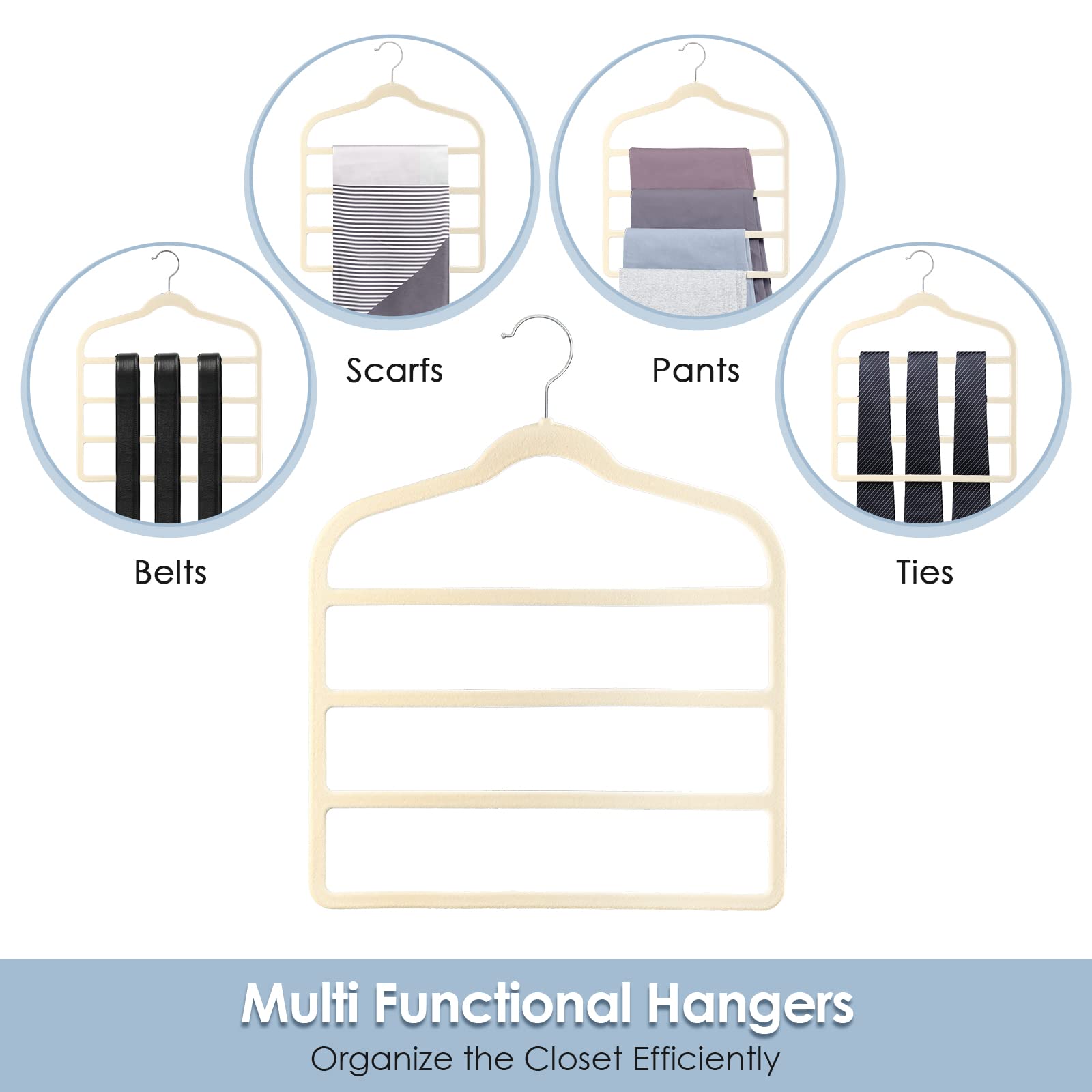 DUDUCOFU - Perchas de terciopelo antideslizantes que ahorran espacio, paquete de 4 perchas de terciopelo de varias capas color beige, organizador de armario para pantalones, bufandas