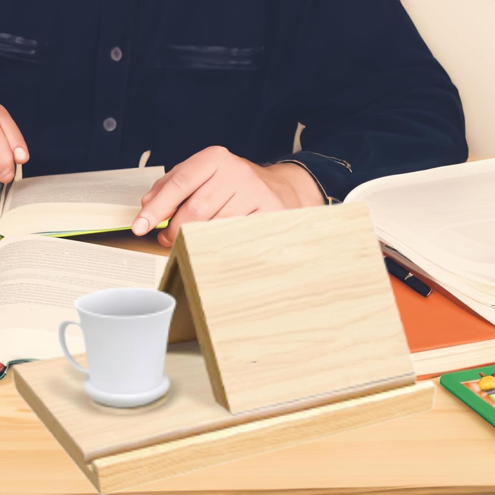 Supporto per libri in legno con portabicchieri, in rovere massiccio, personalizzato, per amanti dei libri, 3 pezzi, supporto per pagine triangolari