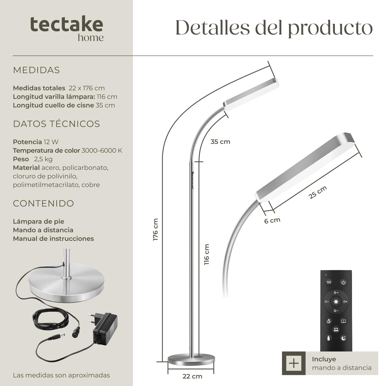 tectake® Lampara de Pie, Regulable, Cuello de Cisne Flexible, 5 Modos de Iluminación, Lampara Lectura, Temperatura de Color Variable, Mando, Lampara Led Ideal para Dormitorio y Salón - Plateado