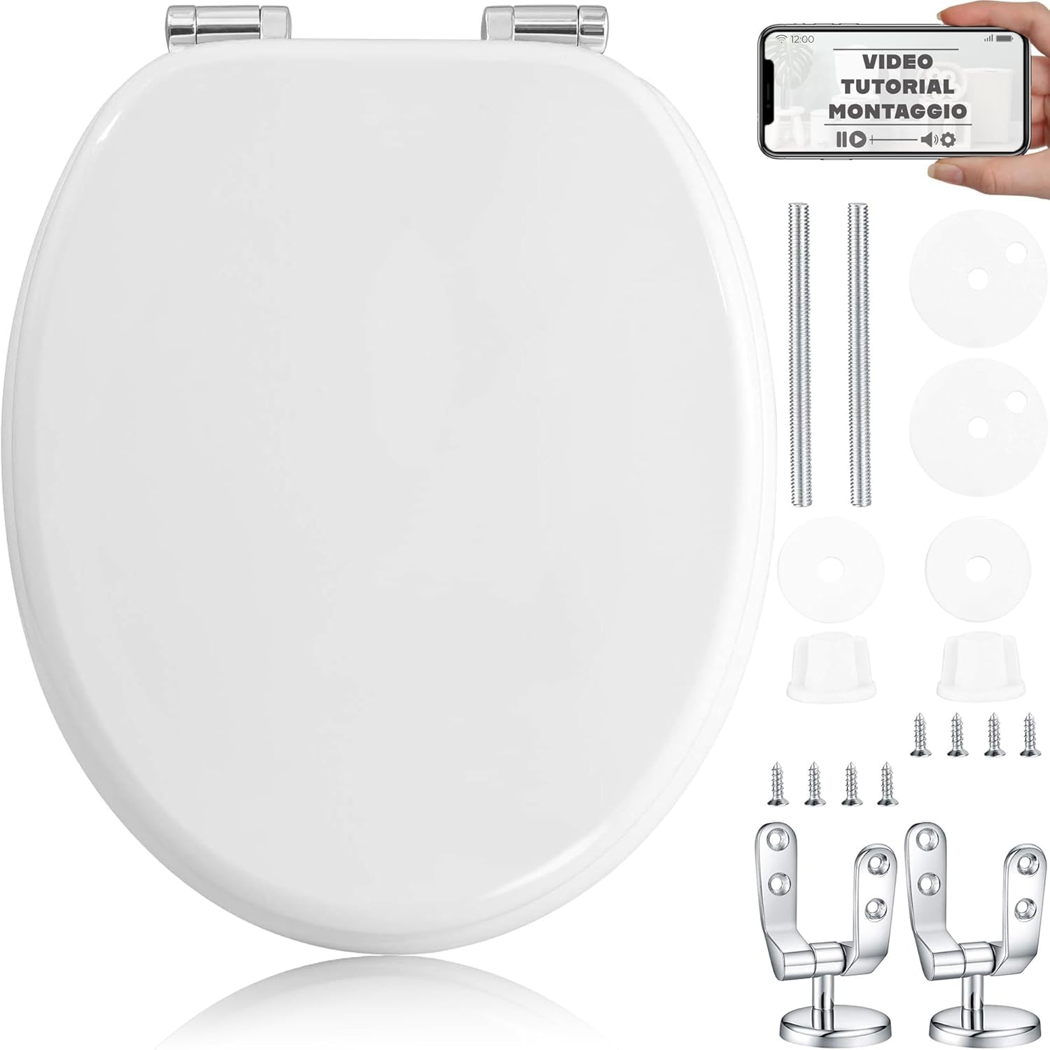 HAND Copriwater Universale in Legno Ovale con Cerniere Cromate Antiruggine – Tavoletta WC Universale Resistente e Facile da Installare – Sedile WC Universale per Bagno (Ideal)