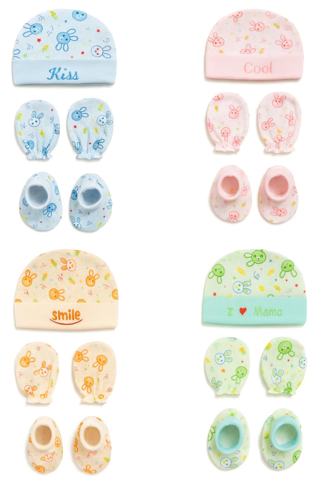 New Born Cap Mittens and Booties Set | Soft Baby Caps for Born 0-3 Months | Breathable Mitten Set (Pack of 4)