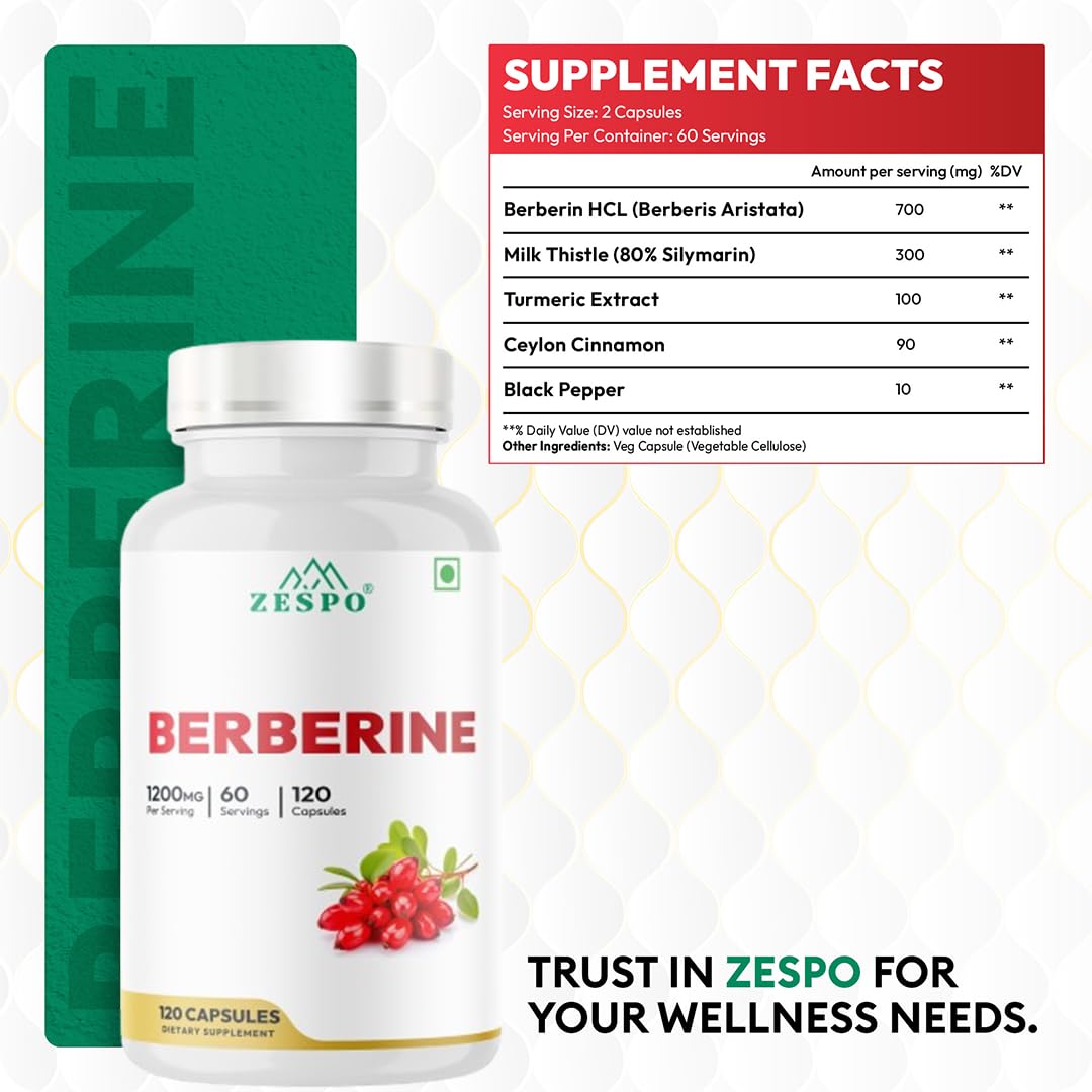 Zespo Berberine HCl 1200mg per Serving with Milk Thistle, Turmeric, Ceylon Cinnamon & Black Pepper | Metabolism & Digestive Wellness Support | Vegan, Non-GMO | 120 Capsules 1