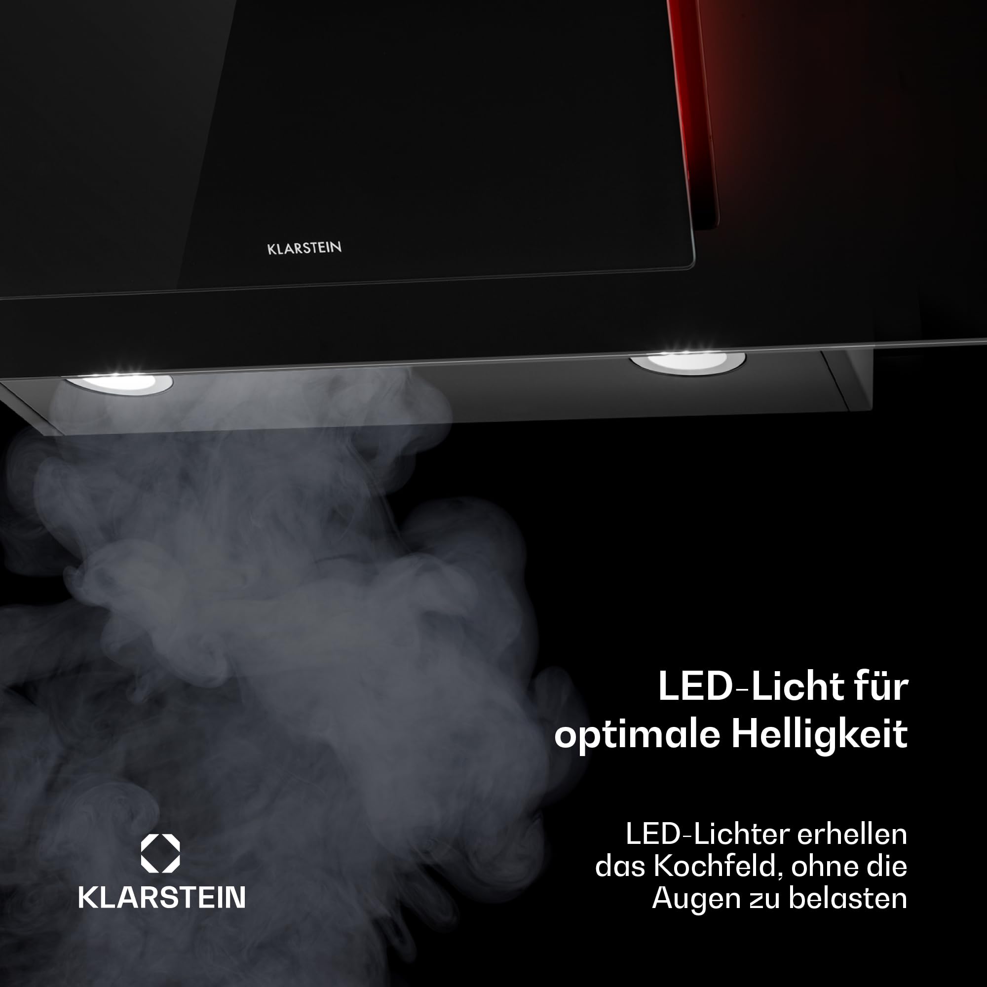 Klarstein Eleonora - Okap skośny, Klasa energetyczna A++, Wydajność wyciągu: 420 m³/h, Sterowanie dotykowe, Podświetlenie RGB, 59 dB, Recyrkulacja i wyciąg, Filtr przeciwtłuszczowy, 90 cm, czarny