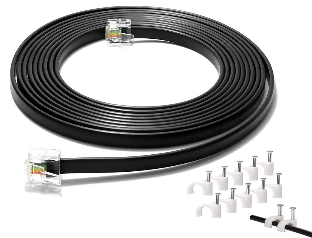 Red Champion RJ11 Telephone Line Cord Wire Patch Cable, Modular Connection Cable - RJ12 Male (6P6C) to RJ12 Male (6P6C) Compatible for Landline, Telephone, Microfilter Black 2 Meters with Wire Fastener Circle Cable Clips (10 Pcs)