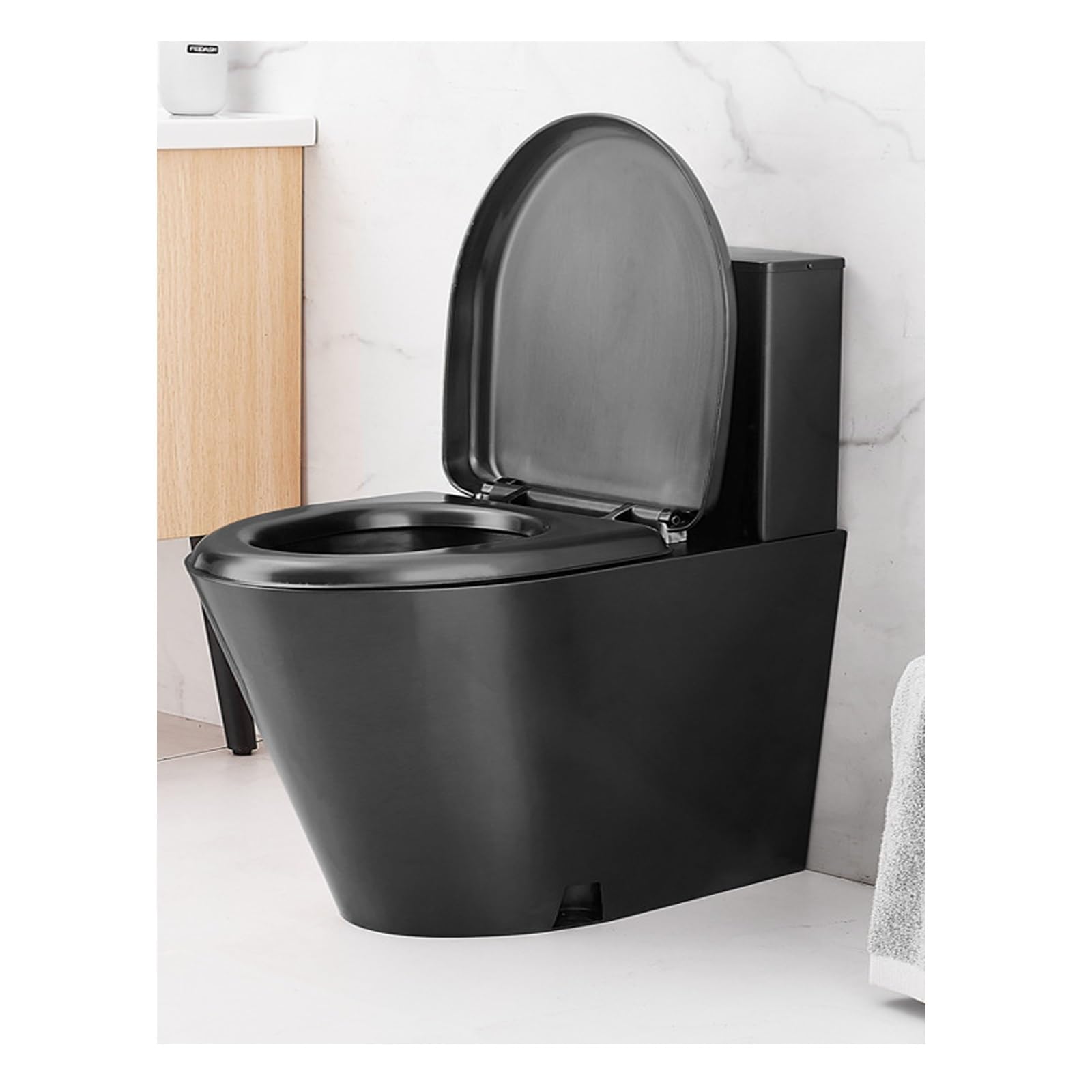 Inodoro de alta eficiencia con asiento de cierre suave, drenaje de pared, cubierta de polipropileno negro para el hogar, RV, avión, hospital, uso público