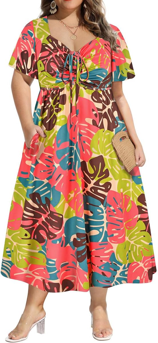 CARCOS Plus Size Dresses for Curvy Women Tie Sweetheart Neck Summer Maxi Dress Short Sleeve Empire Waist Floral Boho Dress