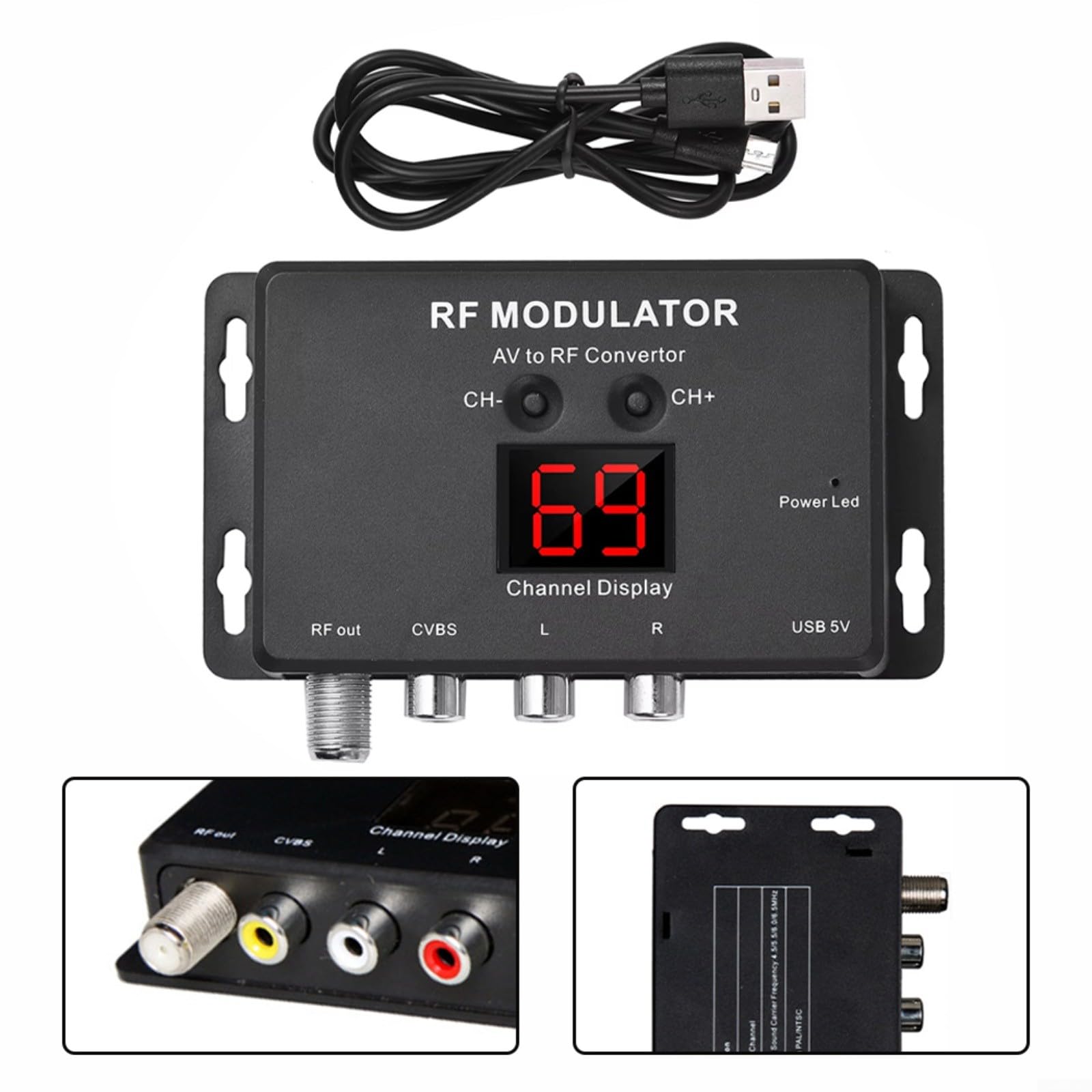 RF Modulator M60 AV zu RF Konverter für PAL NTSC TV Formate 471,25–885,25MHz UHF Ausgang 75Ω USB Stromversorgung Schwarz
