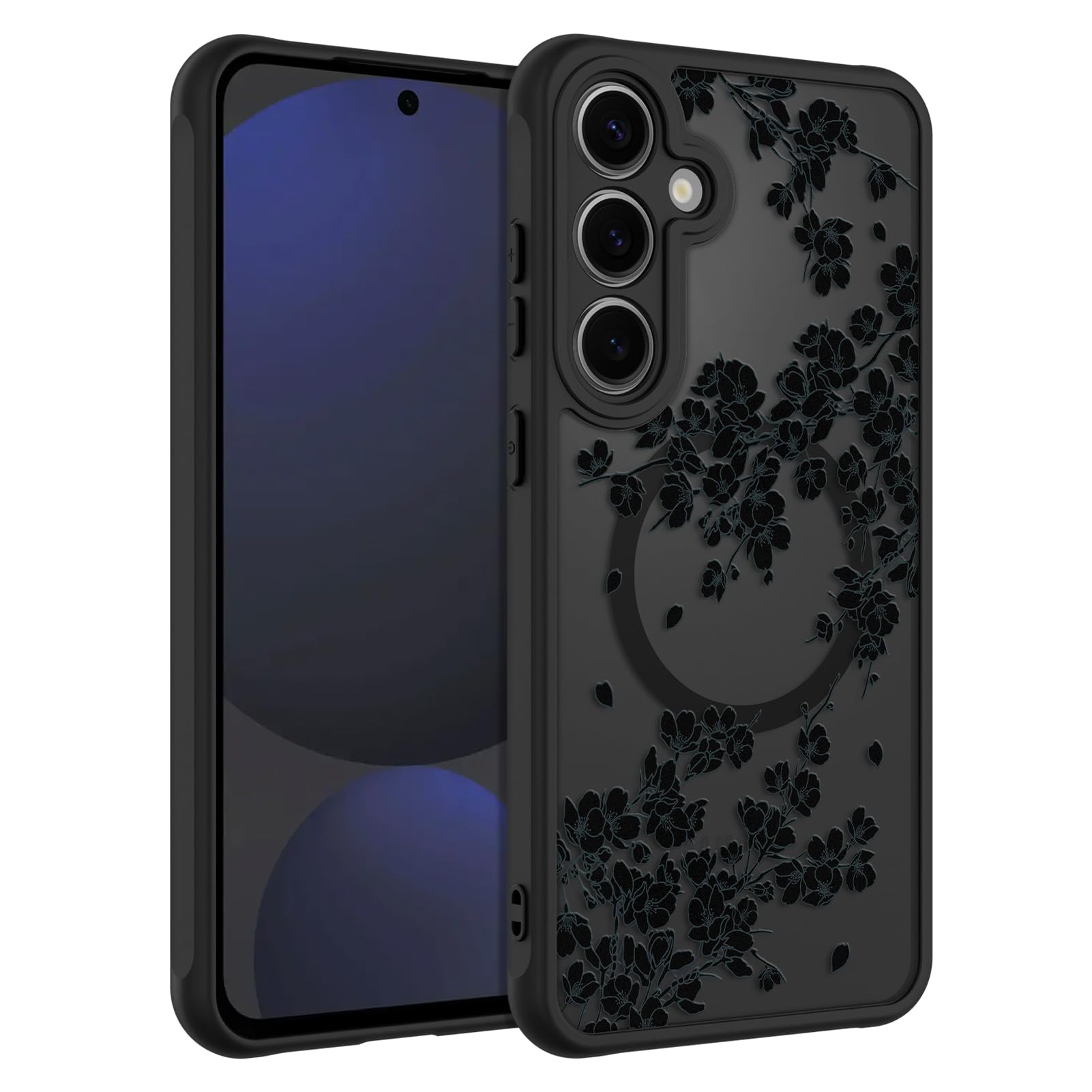 OOK Etui do telefonu Samsung Galaxy S24 FE 6,7 cala (kompatybilne z bezprzewodowym ładowaniem) czarne kwiaty, kwiatowy wzór, półprzezroczyste etui na telefon, miękkie tworzywo TPU + twardy PC, odporne