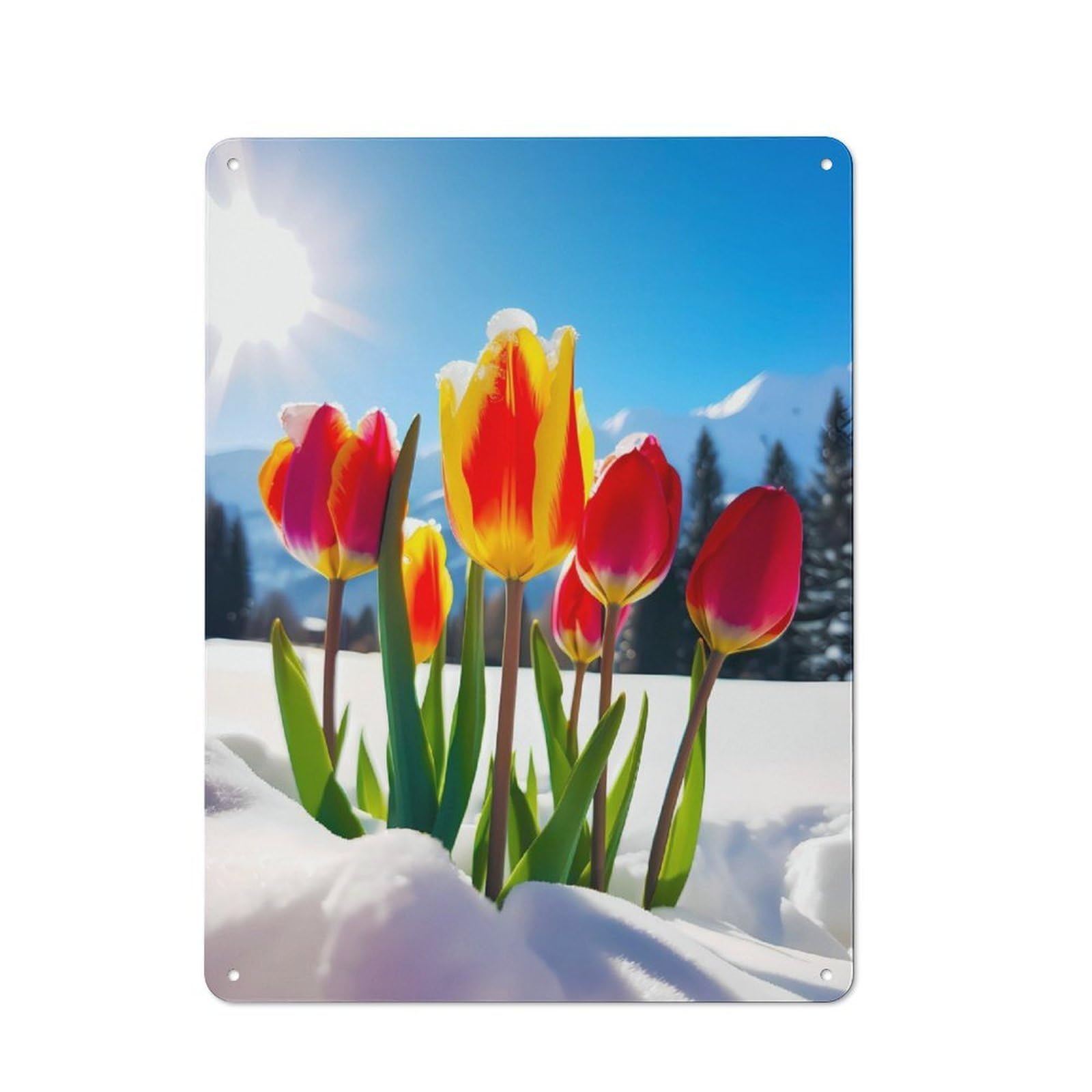 Junmoney Red Yellow Tulips In Snow Rustic Metal Sign 40X30cm For Hallway Wall, For Collectors Of Rustic Metal Wall Decor