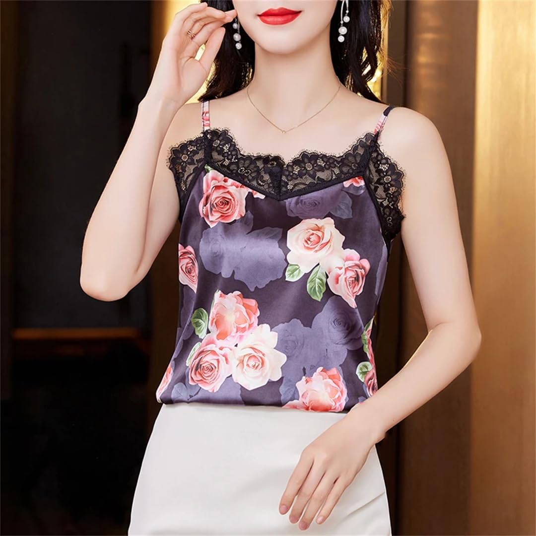 Canotta estiva da donna con stampa floreale in pizzo patchwork senza maniche