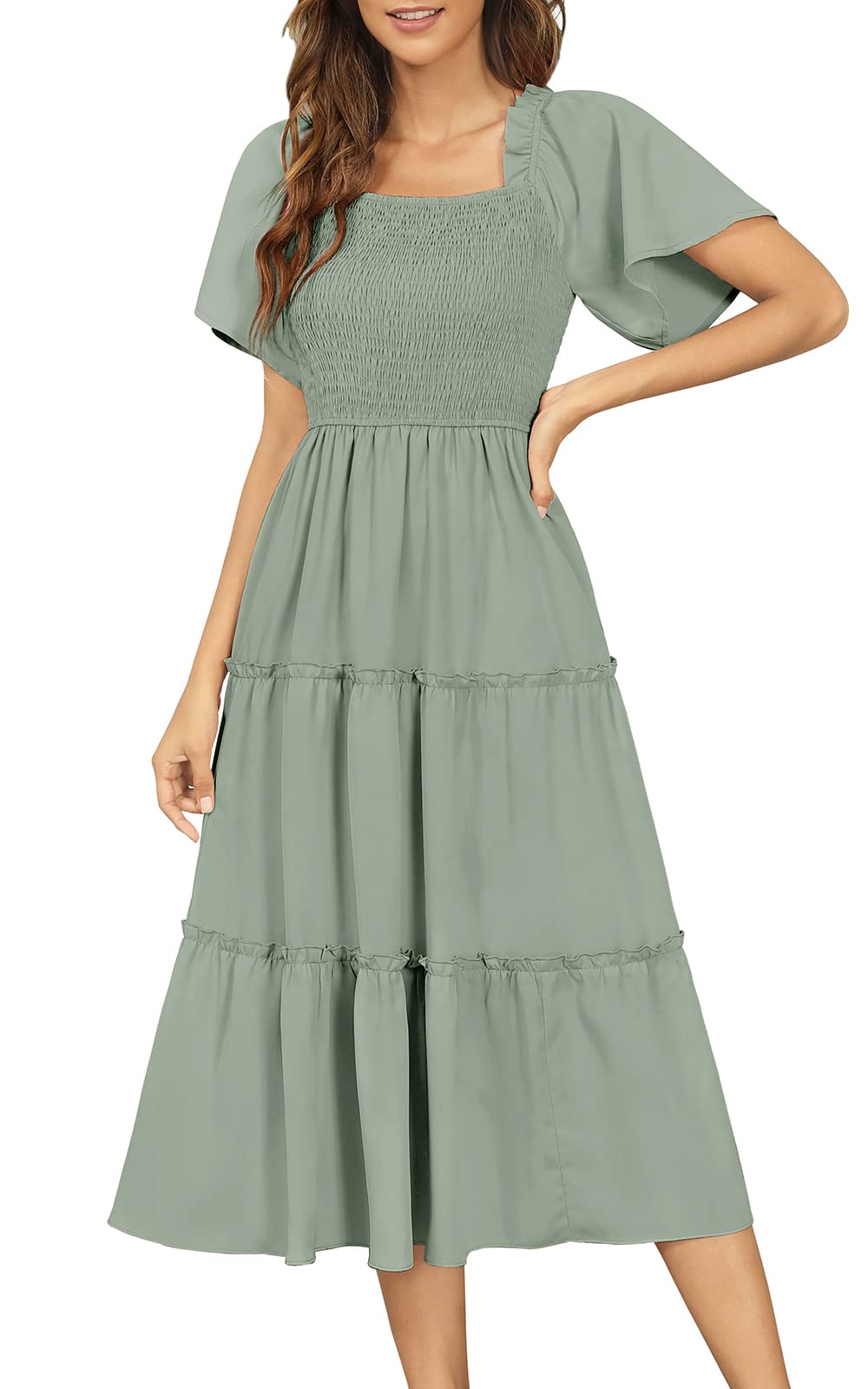 ZattcasWomen's 2023 Spring Summer Boho Midi Dress Flutter Sleeve Square Neck Flowy Smocked Tiered Party Ruffle Dress