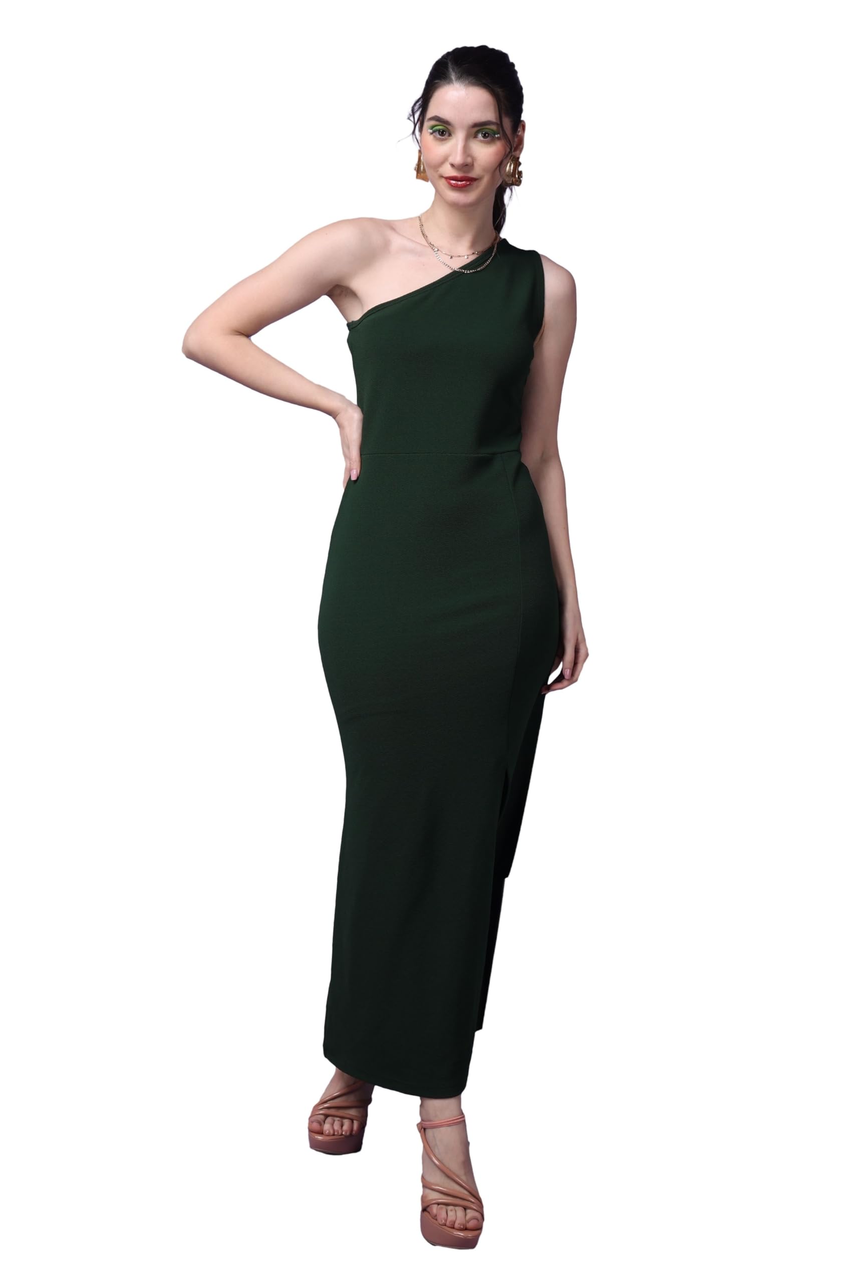 Popwings Casual Solid Asymmetrical Neckline One-Shoulder Side Slit Long Bodycon Dress For Women || Stylish Western Party Long Bodycon Dress Summer Wear Dark Green