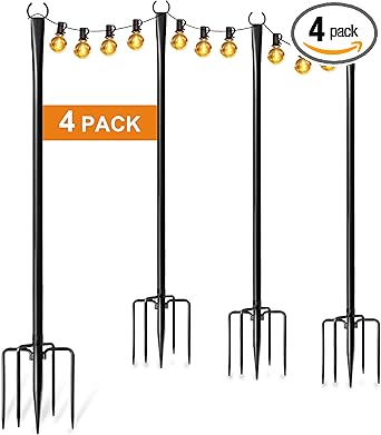 4 Pack String Light Poles for Outside, Thickened Metal Lights Hanger Pole Outdoor with Fork, Lighting Hanging Post Accessories for Patio Decor Garden Backyard Yard Front Porch Outside Decorations