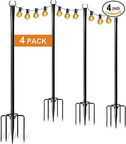 4 Pack String Light Poles for Outside, Thickened Metal Lights Hanger Pole Outdoor with Fork, Lighting Hanging Post Accessories for Patio Decor Garden Backyard Yard Front Porch Outside Decorations