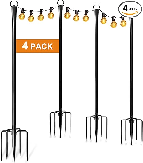 4 Pack String Light Poles for Outside, Thickened Metal Lights Hanger Pole Outdoor with Fork, Lighting Hanging Post Accessories for Patio Decor Garden Backyard Yard Front Porch Outside Decorations