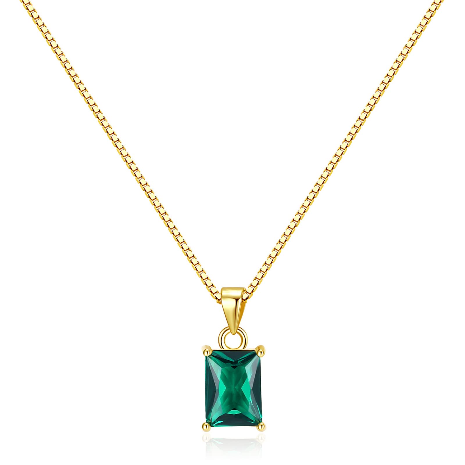 Baguette CZ Pendant Necklace | 14K Gold Plated Sterling Silver | Emerald Baguette Pendant Dainty Box Chain Necklace 18''