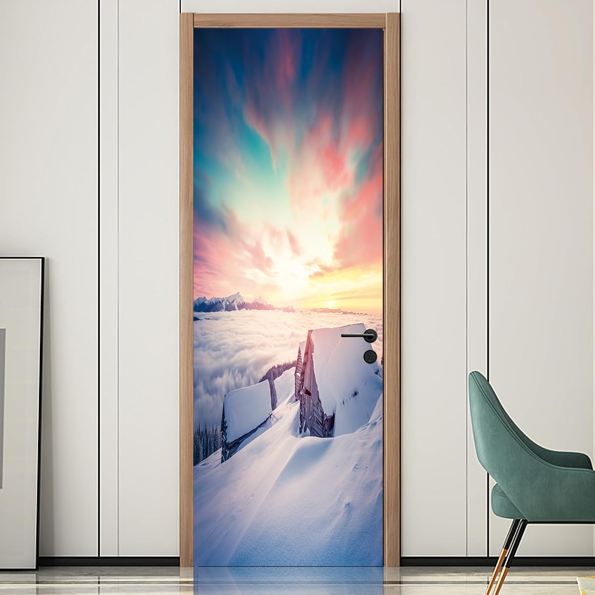 3d Stickers Porte Scène de neige blanche L100 x H200cm Auto-AdhéSive Murale DéCoration De La Maison Stickers Muraux Chambre Salon Amovible Affiche Art Autocollants