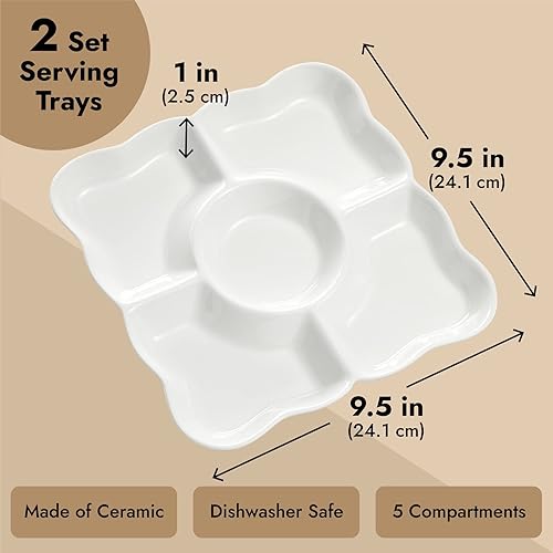 Miniatura 4 de Juvale Juego de 2 bandejas de porcelana para servir aperitivos, platos divididos reutilizables de 5 compartimentos para tablas de charcutería,