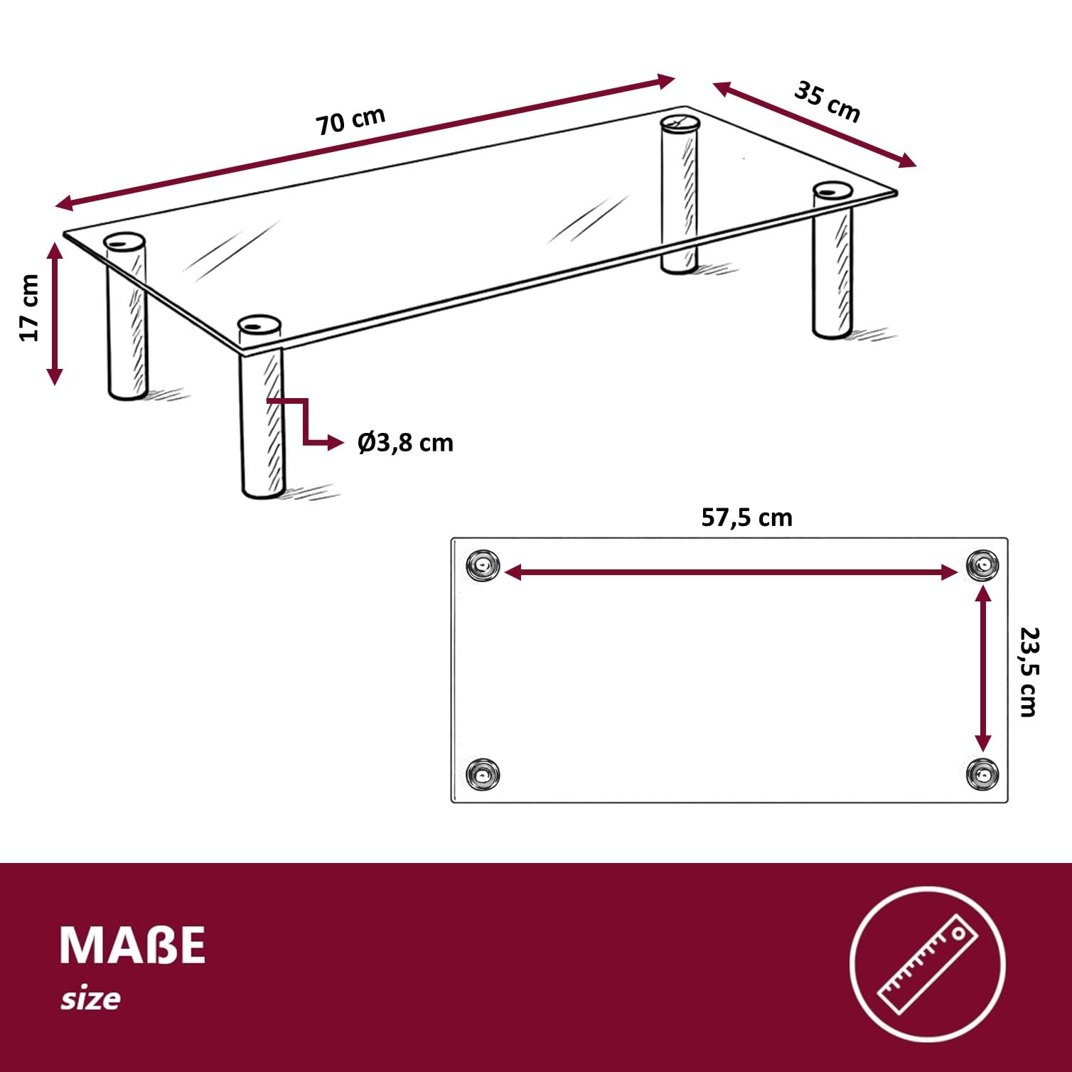 Euro Tische TV-Board TV-Rack Glas in 3 verschiedenen Größen & Farben - perfekt geeignet als Fernsehtisch oder Bildschirmständer, Klar-Glas - 70cm
