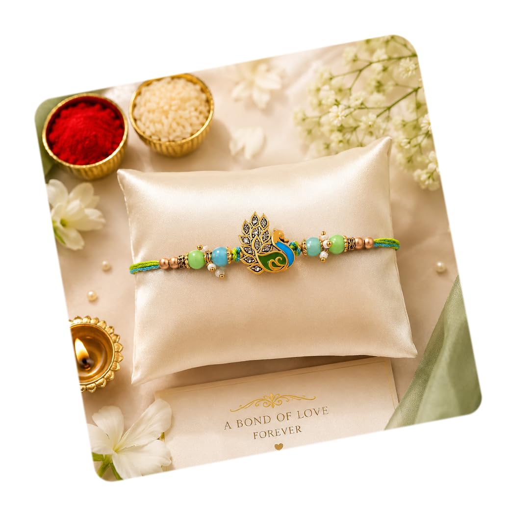 Peacock Rakhi Set for Brother Boy Men, Premium Rakhi for Brother Man, Designer Rakhis for Rakshabandhan, Thread Rakshasutra for Best Wishes Card and Tillak Set, Festival Thread Raki-image-19