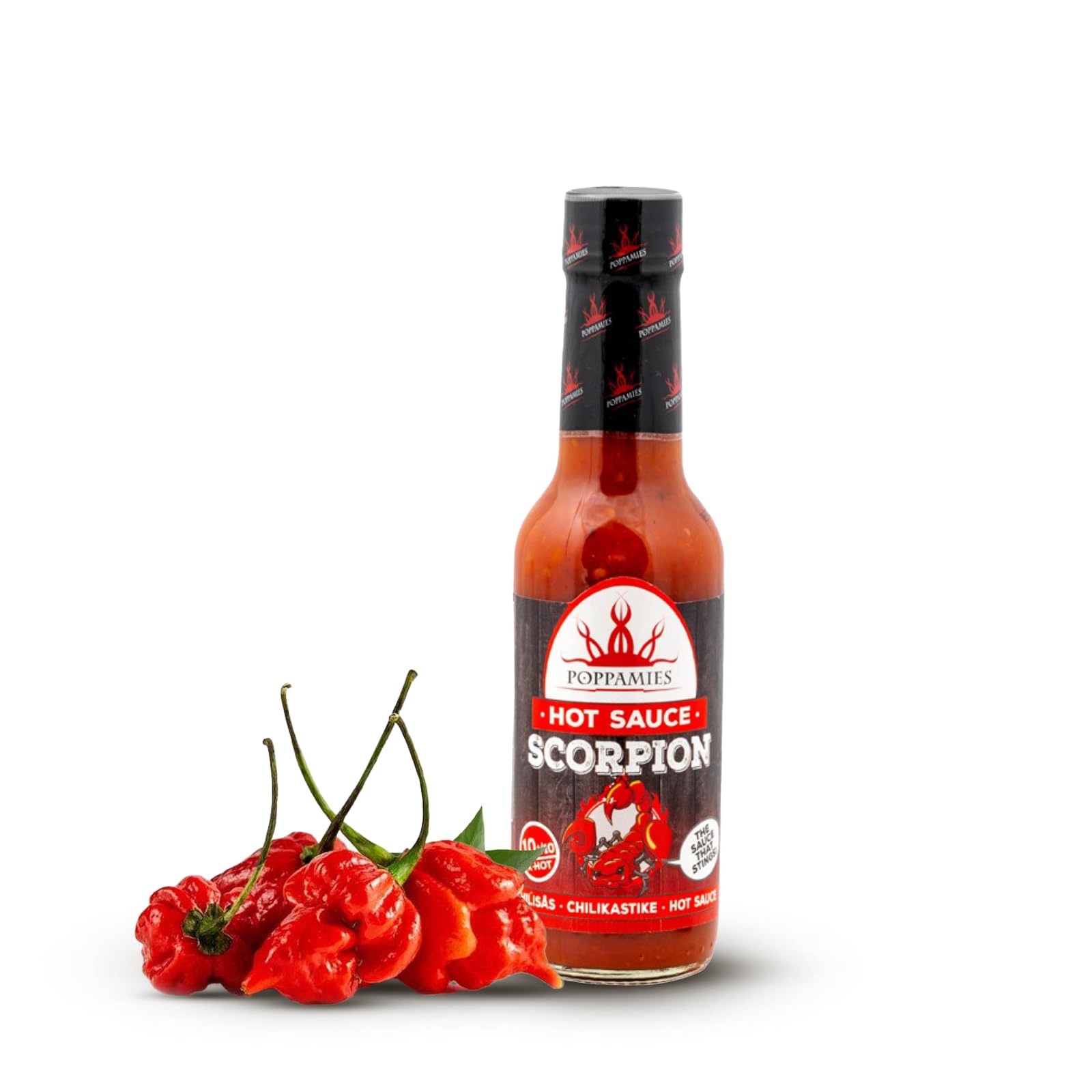 Poppamies Salsa picante Scorpion de Trinidad Chili - Extra Caliente 10+/10 - 150ml Sin Gluten Sin Lactosa Vegano