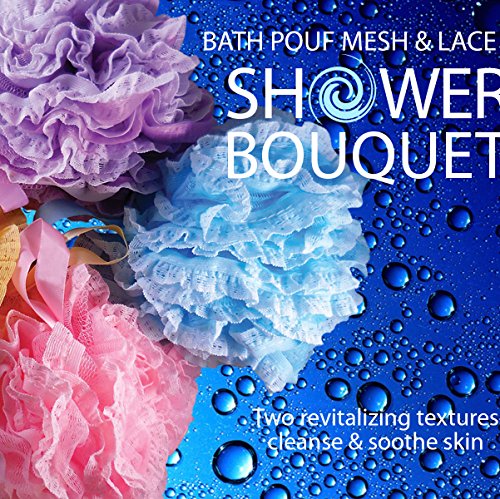 Loofah-Bath-Sponge Lace-Mesh-Set >> 2-Scrubs-In-1 By Shower Bouquet: Large Full 60G Pouf (4 Pack Spa Colors) Body Luffa Loofa Loufa Puff - Exfoliate, Cleanse Skin With Luxurious Bathing Accessories #TOP1
