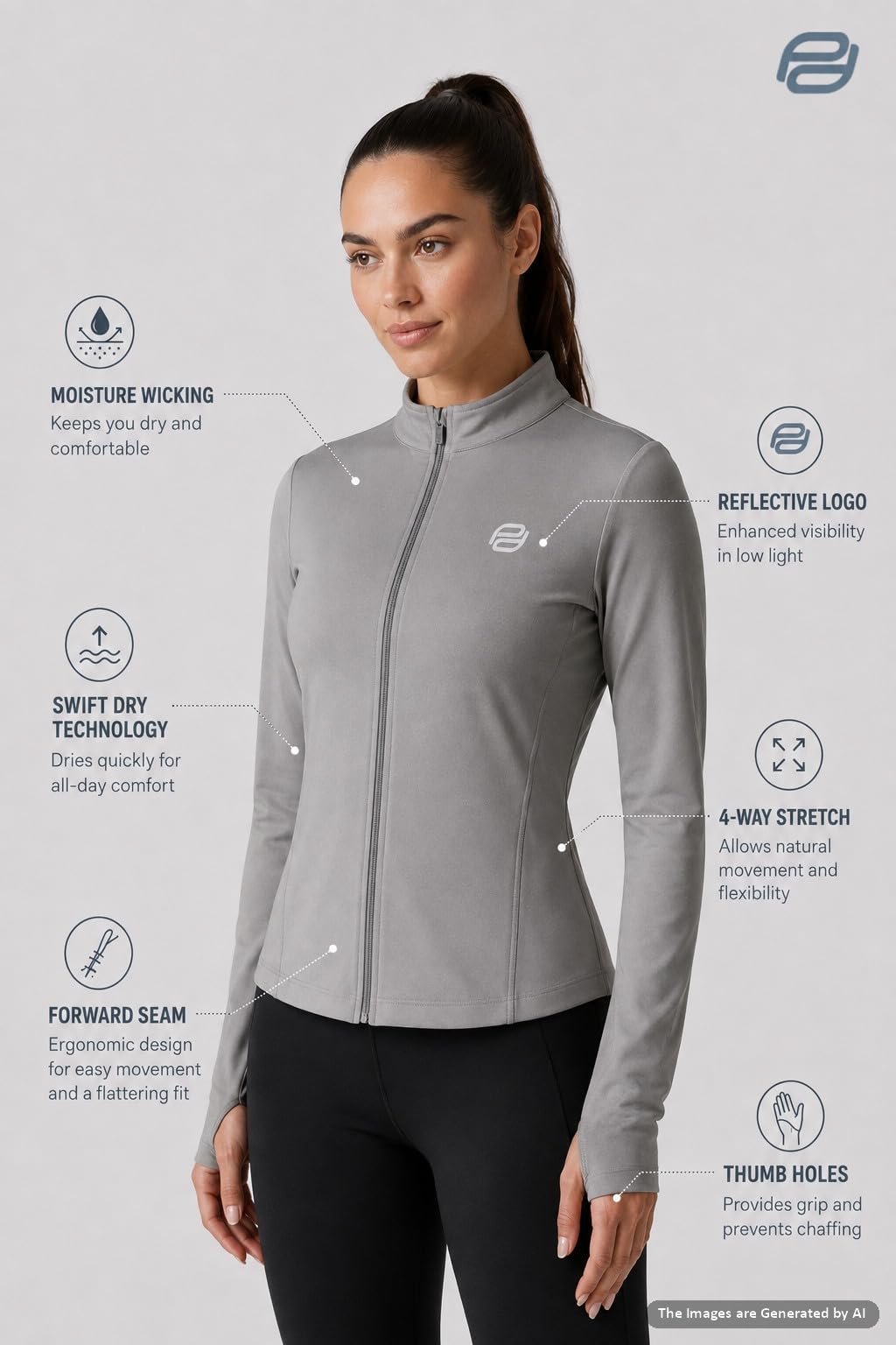 PUMPD Women's Jacket | Slim Fit | Thumb Hole Open Sleeve | With zipper | Perfect for workout | GREY | L 4