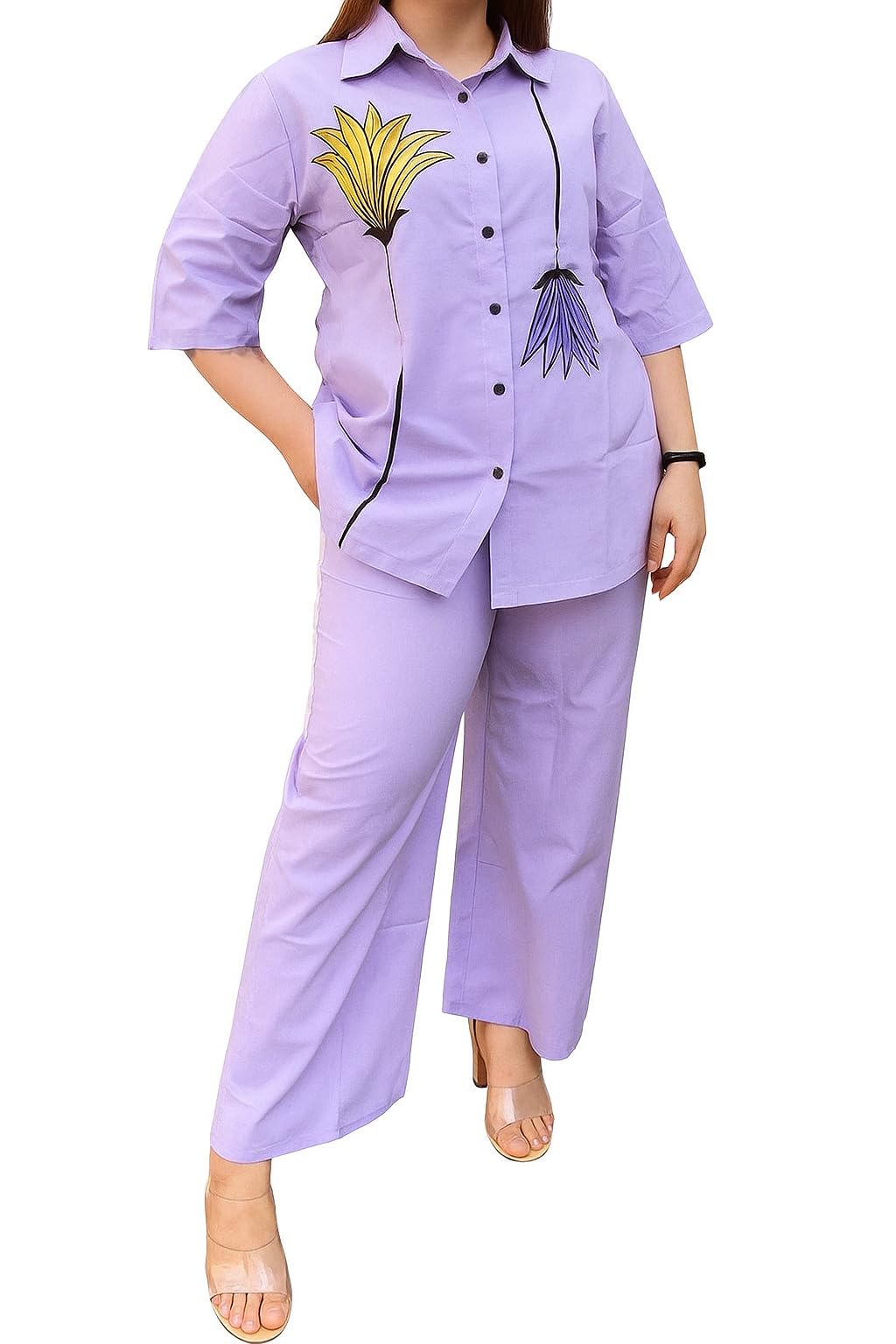 Women's Shirt and Pant Co-ords Set, Casual Wear (IN, Alpha, XL, Lavender)