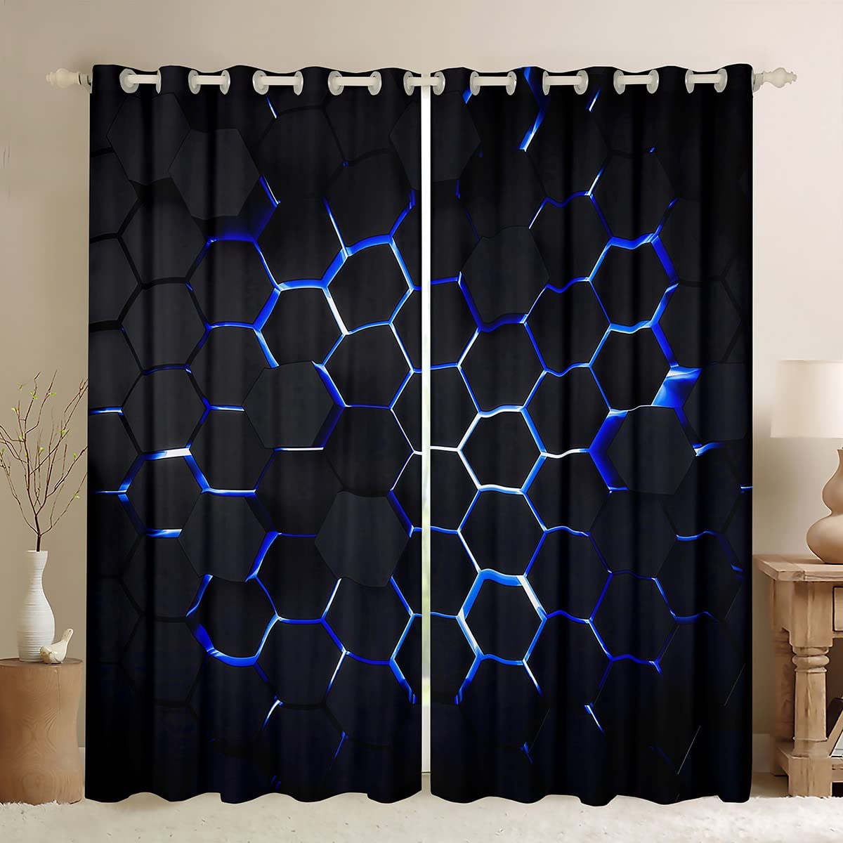 Homemissing Boys Multicolored 13212 Honeycomb Curtains For Bedroom Geometric Hexagon Window Treatment Dark Blue Ultra Soft Decor Window Drapes Geometrical Window Draperies For Kids Adults W46*L54