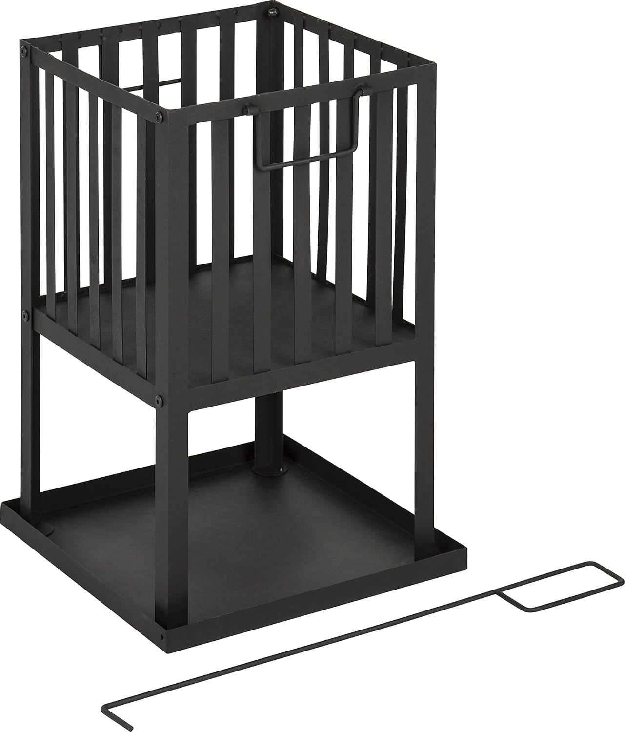 Square Fire Pit with Ash Tray, Black Metal Bonfire Basket with Poker Tool, Outdoor Garden Patio Fireplace