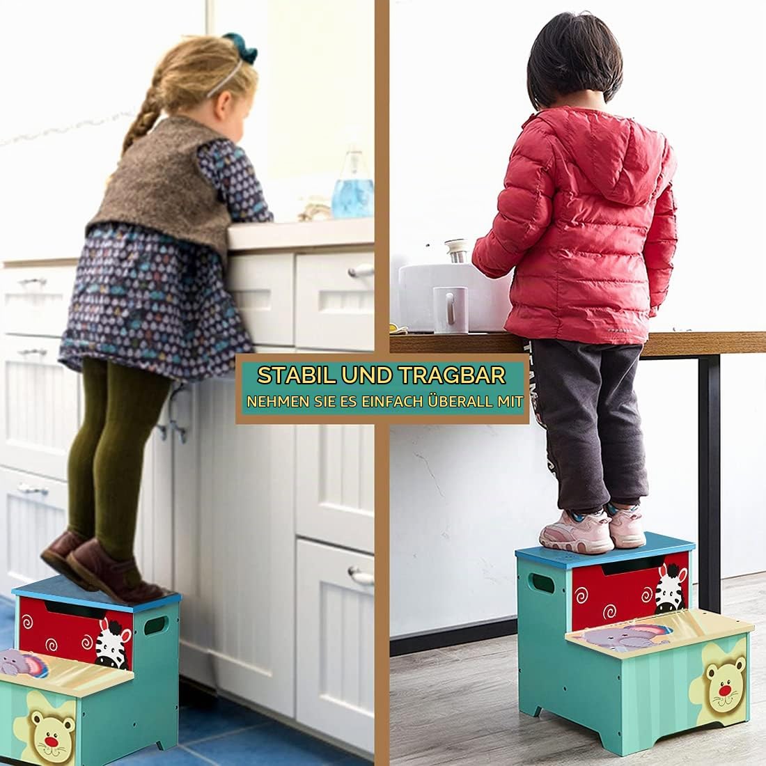 Tritthocker für Kinder | Kindertritthocker mit Aufbewahrung | Tragbare & leichte Double Step Hocker für Kleinkinder Kinder Jungen Mädchen Trittschemel aus Holz für Kleinkinderzimmer (Aqua)