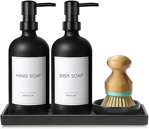 GMISUN - Dispensador de jabón para platos para cocina, dispensador de jabón de manos y platos de 16 onzas con bandeja de cerámica y cepillo de