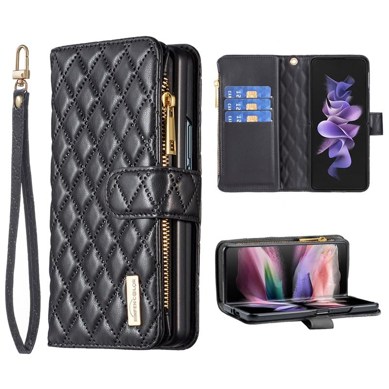 Étui en cuir Galaxy Z Fold 4 noir haut de gamme avec fermeture éclair élégante