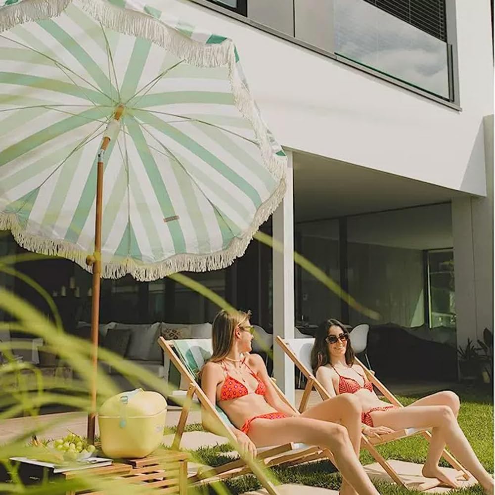 200 cm Boho Paski Parasol Plażowy z Frędzlami, Przenośny Odchylany Parasol Ogrodowy z Torbą Transportową do Ogrodu, na Piknik, Basen(Green)
