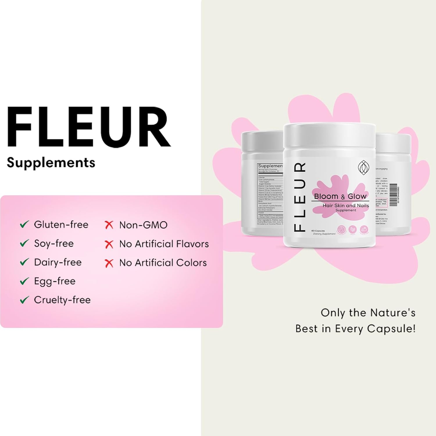 FLEUR Bloom & Glow Hair Skin and Nails Gummies, Hair Growth Supplement with Biotin & Inositol, Antioxidant Rich Vitamin A, C & E for Skin and Nail Repair, Sugar-Free, 60 Vegan Gummies - Image 4