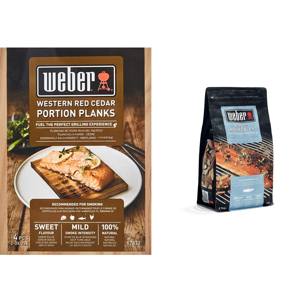 Weber Panetti per affumicatura in Legno di Cedro conf. 4 pz & 17665 - Miscela Chips per affumicatura Frutti di Mare, Marrone