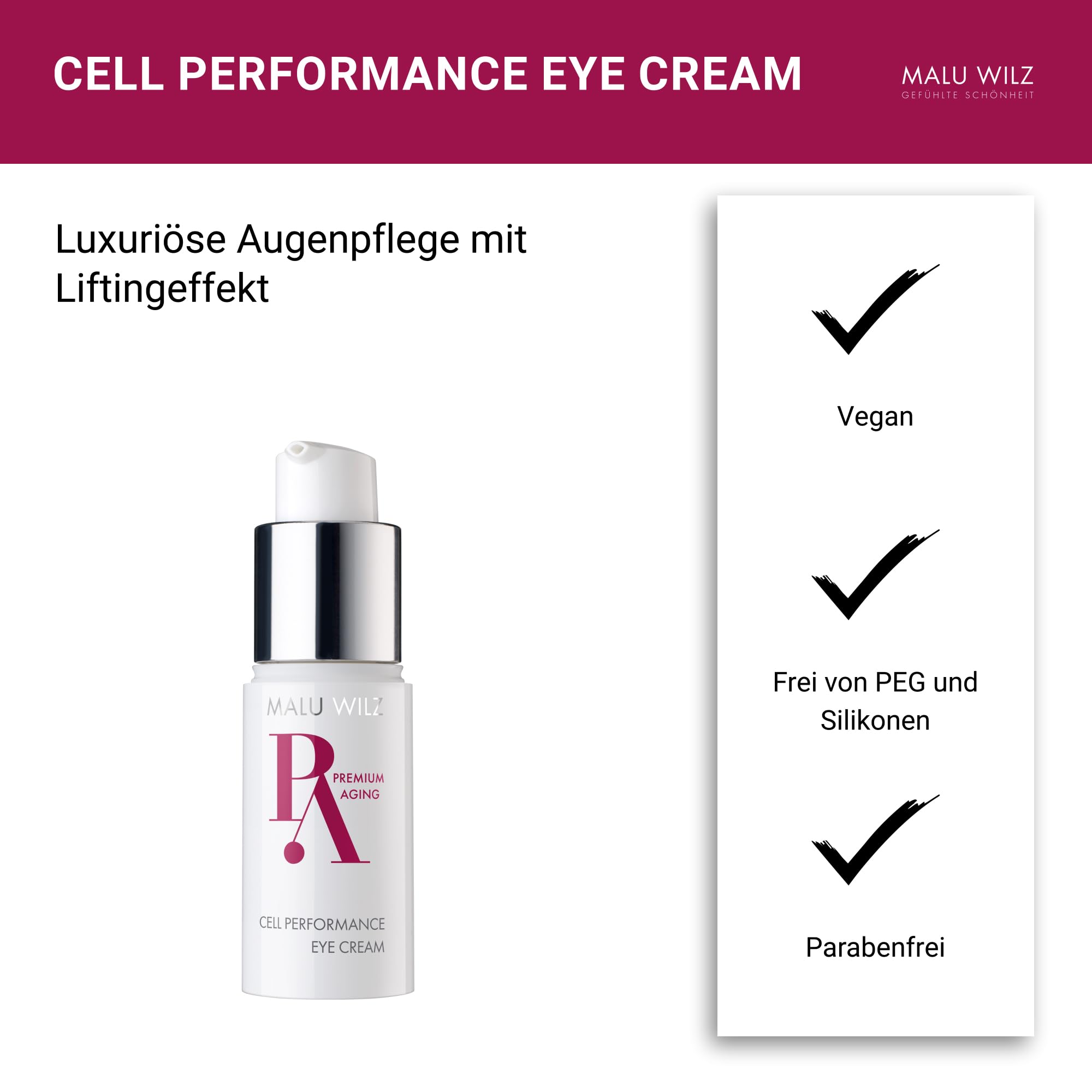 Malu Wilz Premium Aging Cell Performance Eye Cream 15ml I Anti Aging Augencreme gegen Falten und Augenringe I Augenpflege für beanspruchte Augenpartien