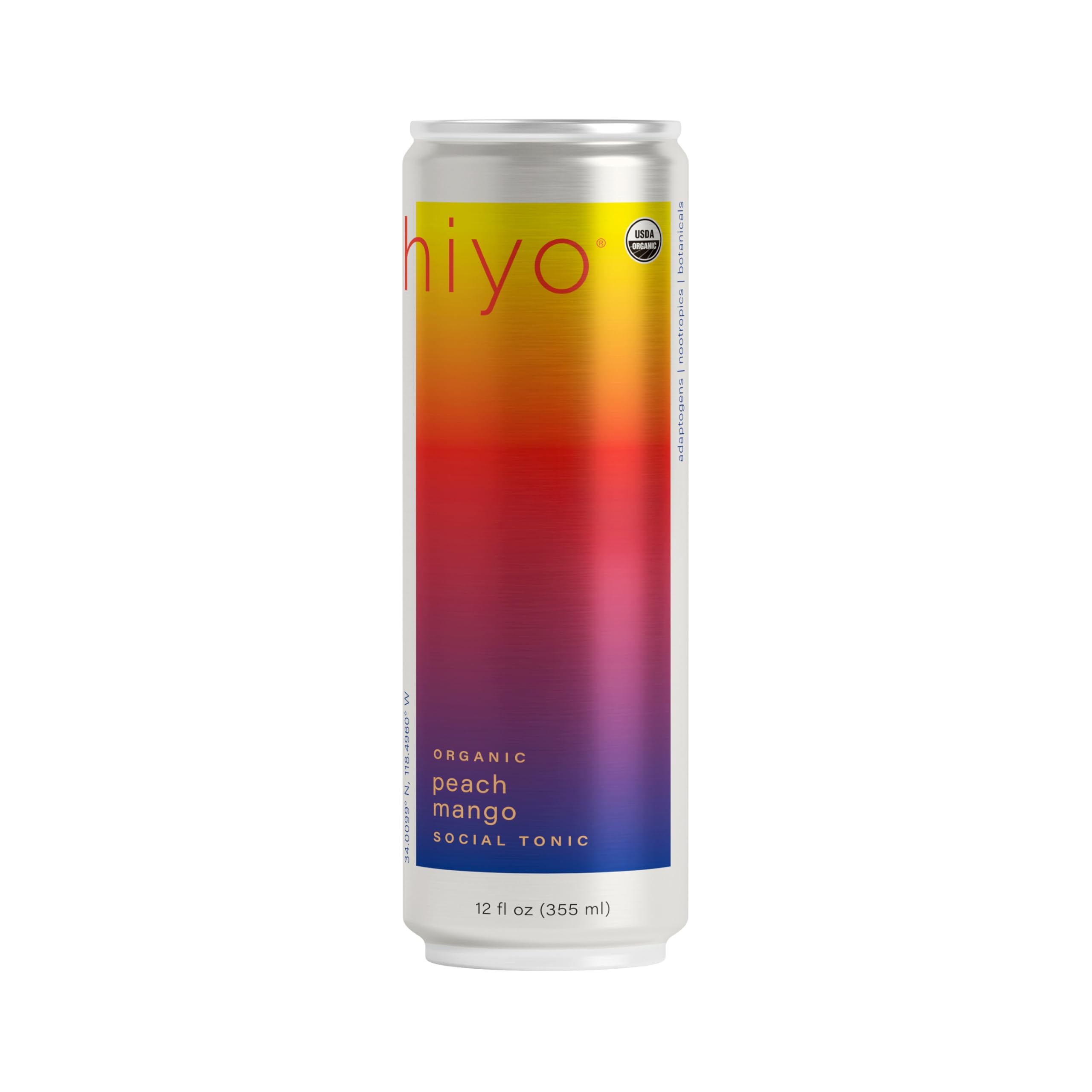 Hiyo Organic Social Tonic - Peach Mango, 12 FZ - N.A. Functional Seltzer, Sparkling Water Crafted with Organic Adaptogens, Nootropics & Botanicals