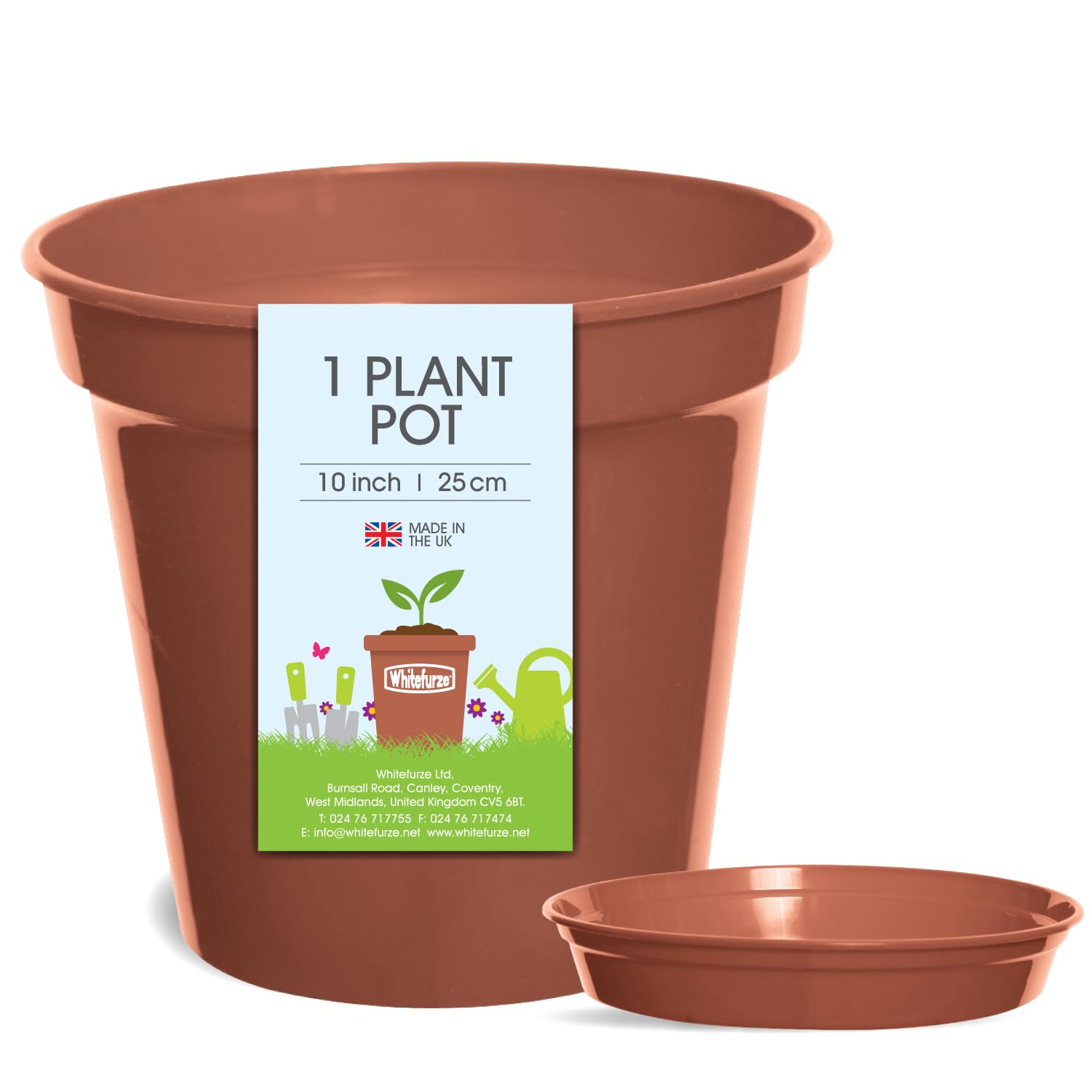 Whitefurze Plant Pot with Saucer, 25 cm, Terracotta, Made in UK